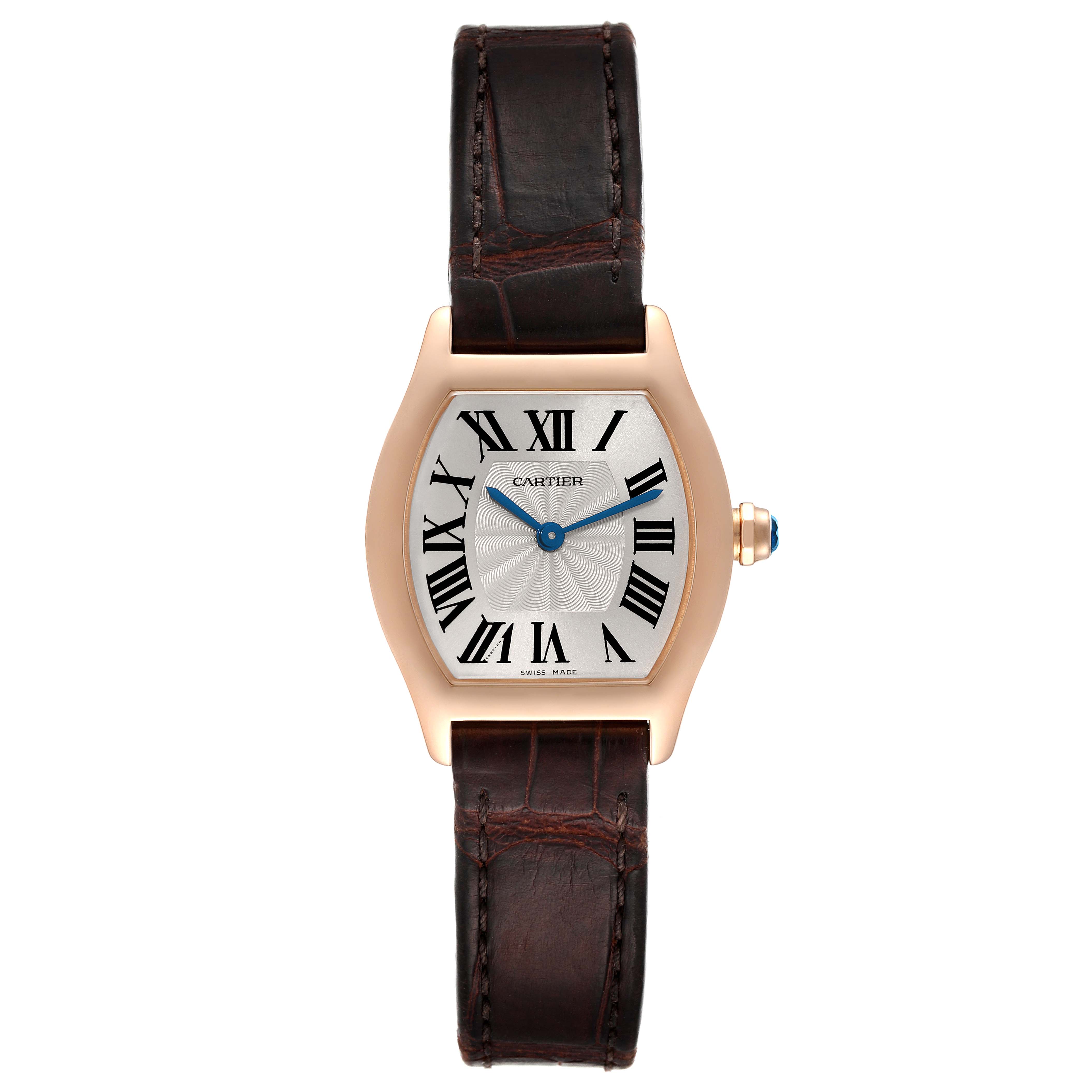 The image shows a front view of the Cartier Tortue W1556360 Women's Rose Gold Silver Dial W1556360 Women's Rose Gold Silver Dial watch, featuring a brown leather strap and a white dial with Roman numerals.