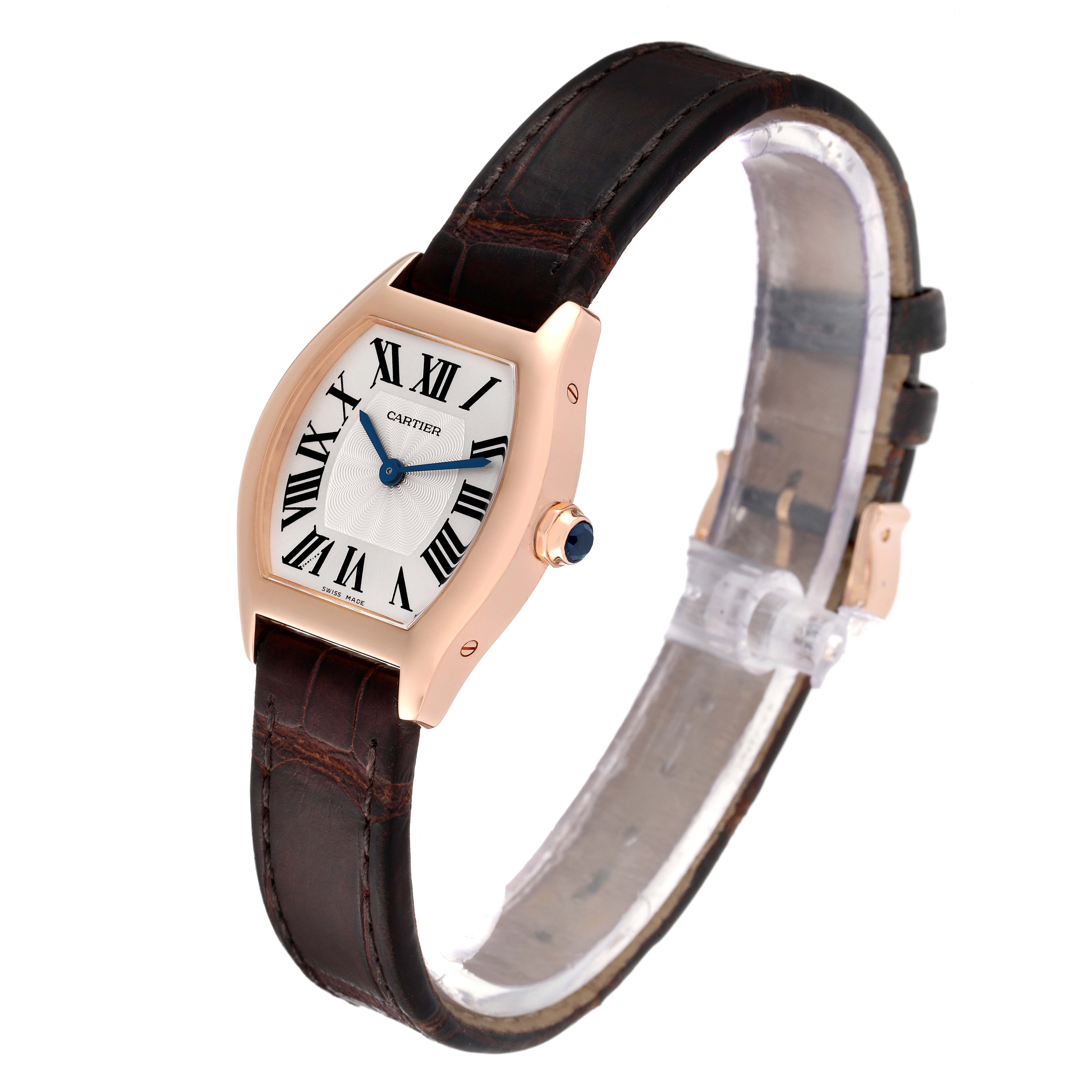 The image shows a Cartier Tortue W1556360 Women's Rose Gold Silver Dial W1556360 Women's Rose Gold Silver Dial model watch at a three-quarter angle, highlighting the face, case, and leather strap.