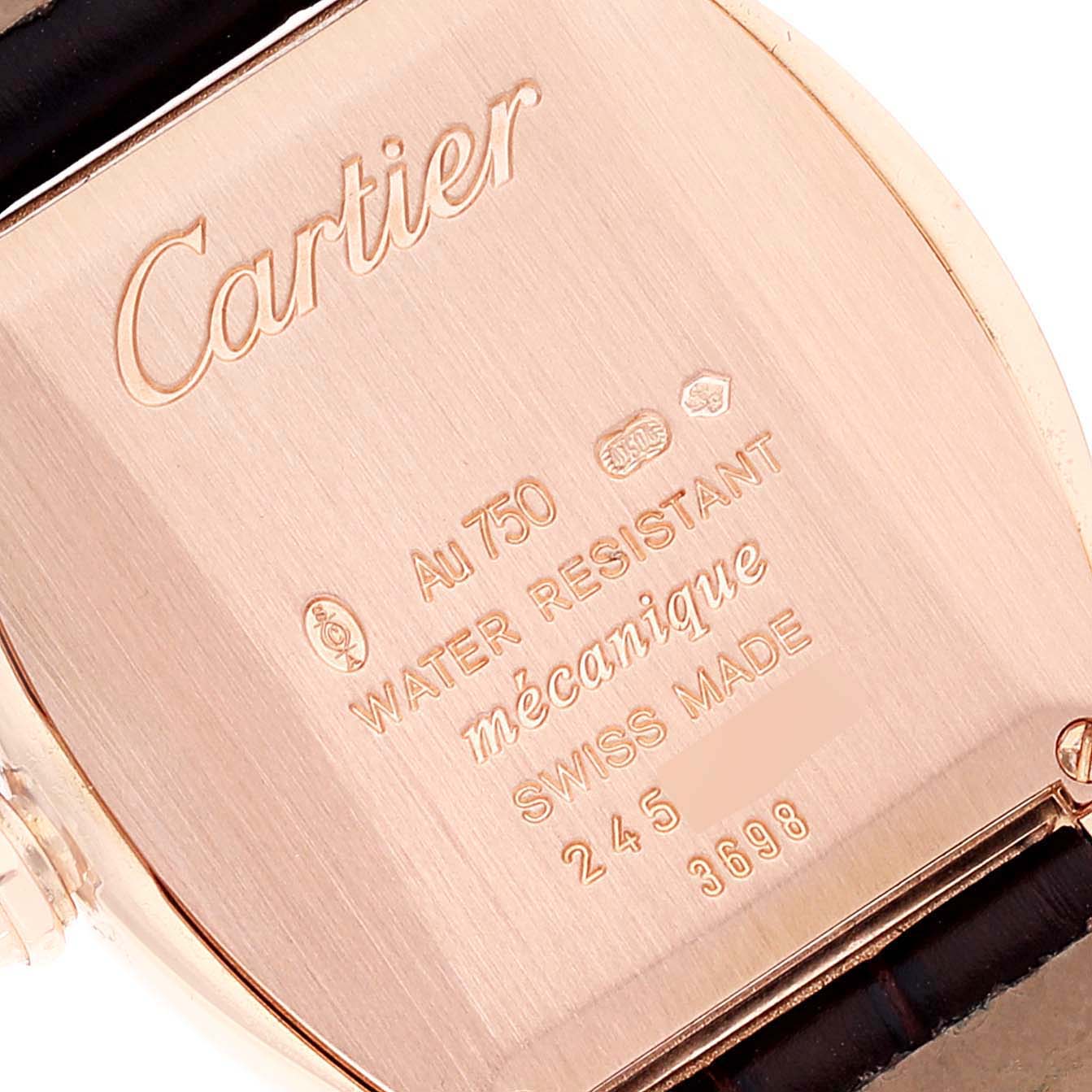 This image shows the back case of a Cartier Tortue W1556360 Women's Rose Gold Silver Dial W1556360 Women's Rose Gold Silver Dial watch, highlighting the brand name and specifications.