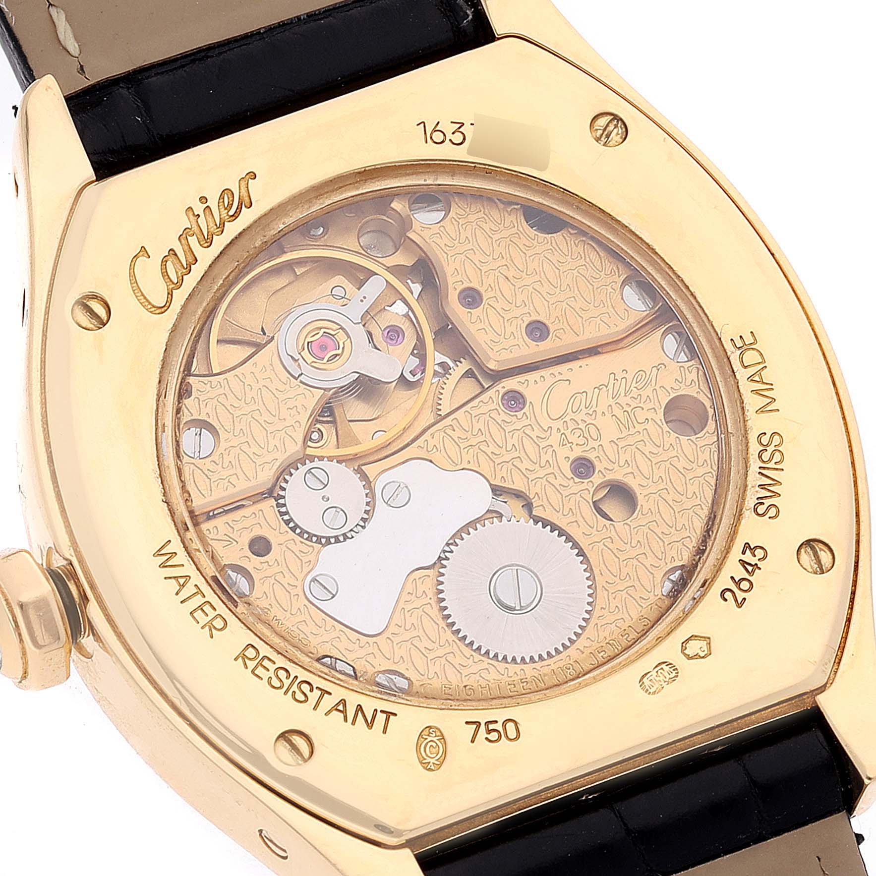 The image shows the back view of a Cartier Tortue 2643 Women's Yellow Gold Silver Dial 2643 Women's Yellow Gold Silver Dial watch, displaying its intricate mechanical movement.