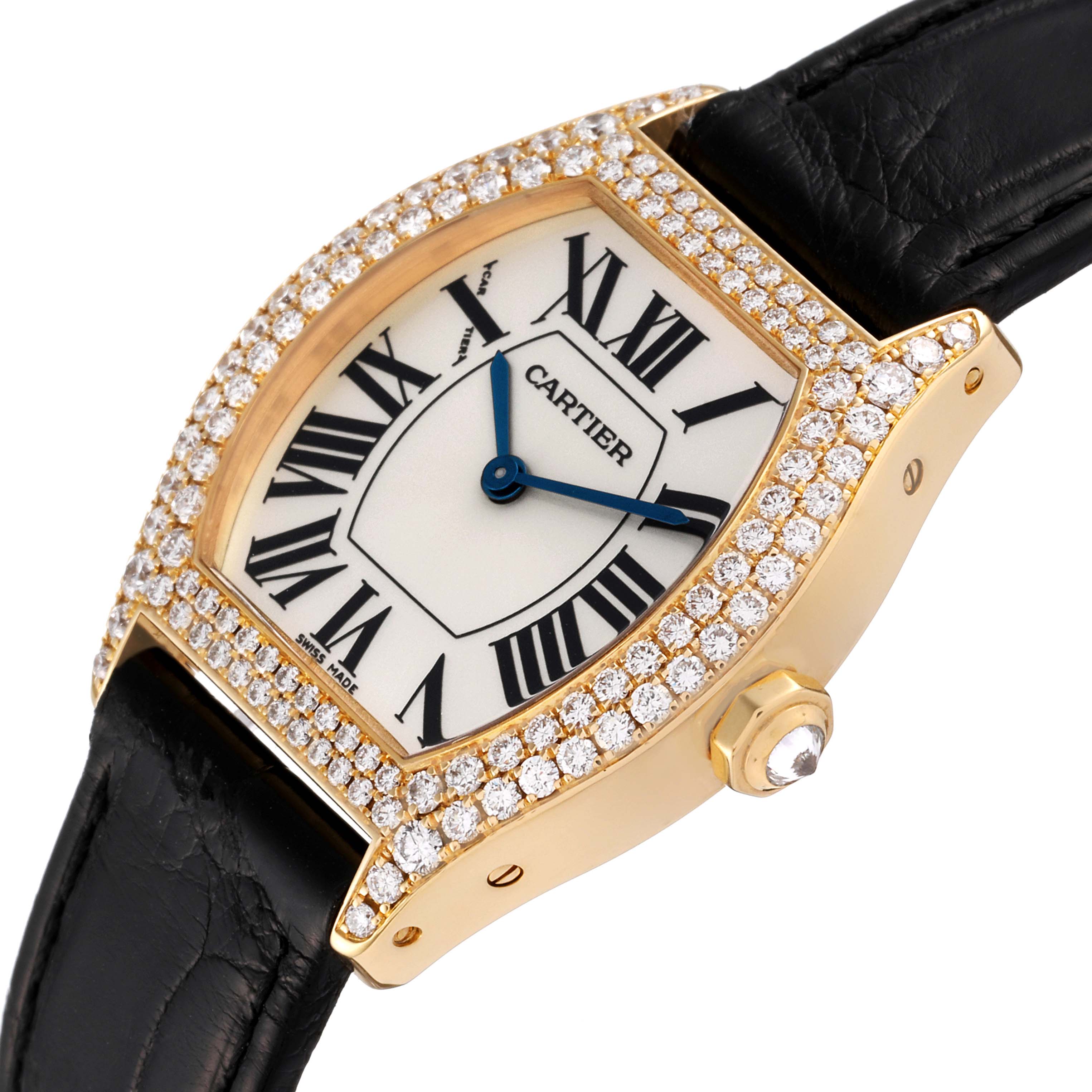 This image shows the Cartier Tortue 2643 Women's Yellow Gold Silver Dial 2643 Women's Yellow Gold Silver Dial watch from an angled view, highlighting its diamond-encrusted bezel and leather strap.