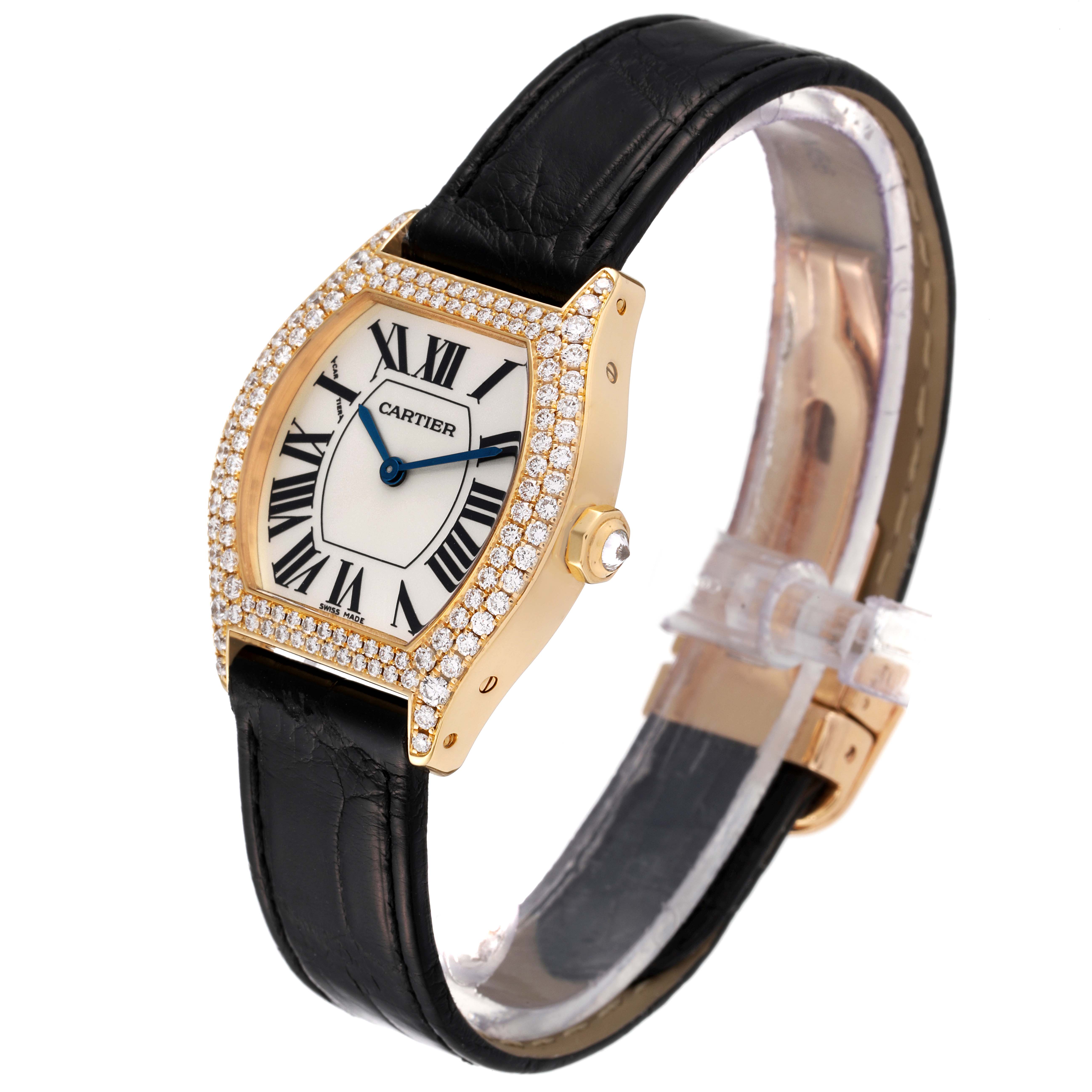 The image shows a Cartier Tortue 2643 Women's Yellow Gold Silver Dial 2643 Women's Yellow Gold Silver Dial watch at a three-quarter angle, displaying its diamond-set bezel, dial, and leather strap.