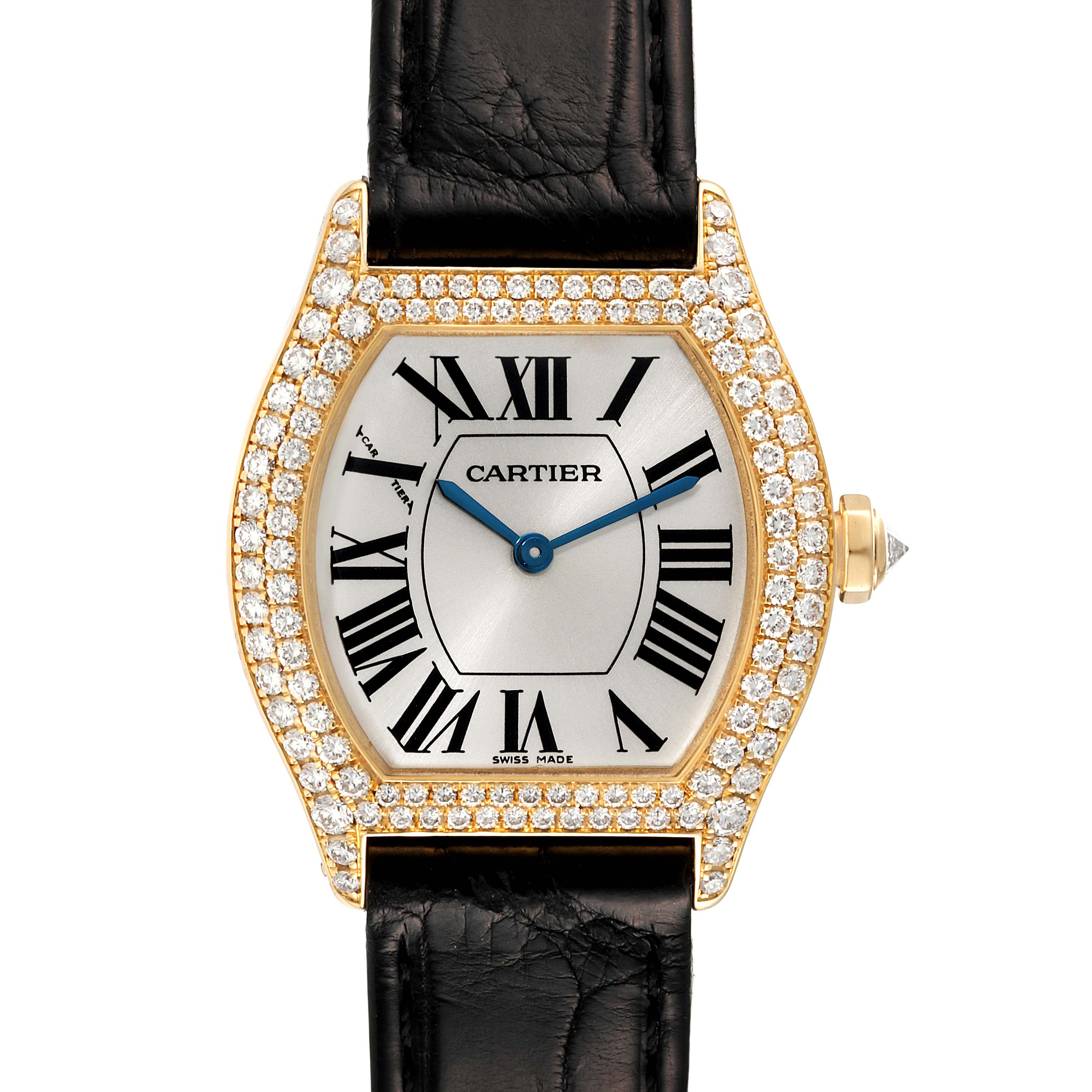 The image shows a front view of the Cartier Tortue 2643 Women's Yellow Gold Silver Dial 2643 Women's Yellow Gold Silver Dial watch face with a diamond-studded bezel and black leather strap.