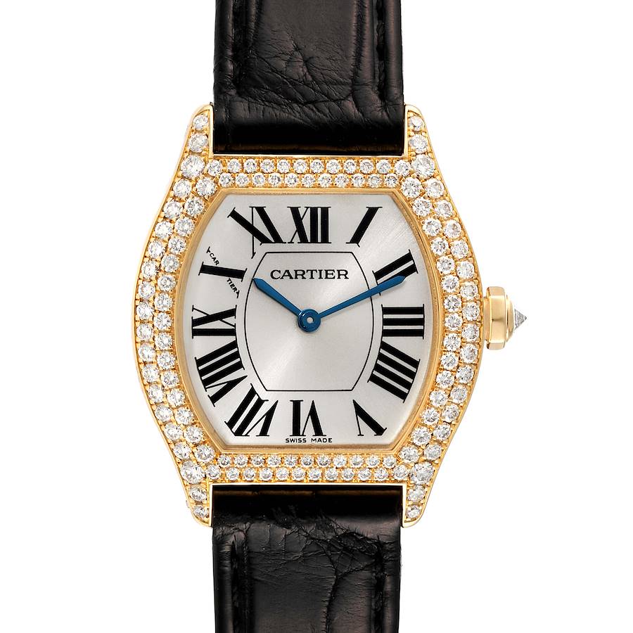 Cartier Tortue Yellow Gold Diamond Black Strap Ladies Watch 2643 SwissWatchExpo