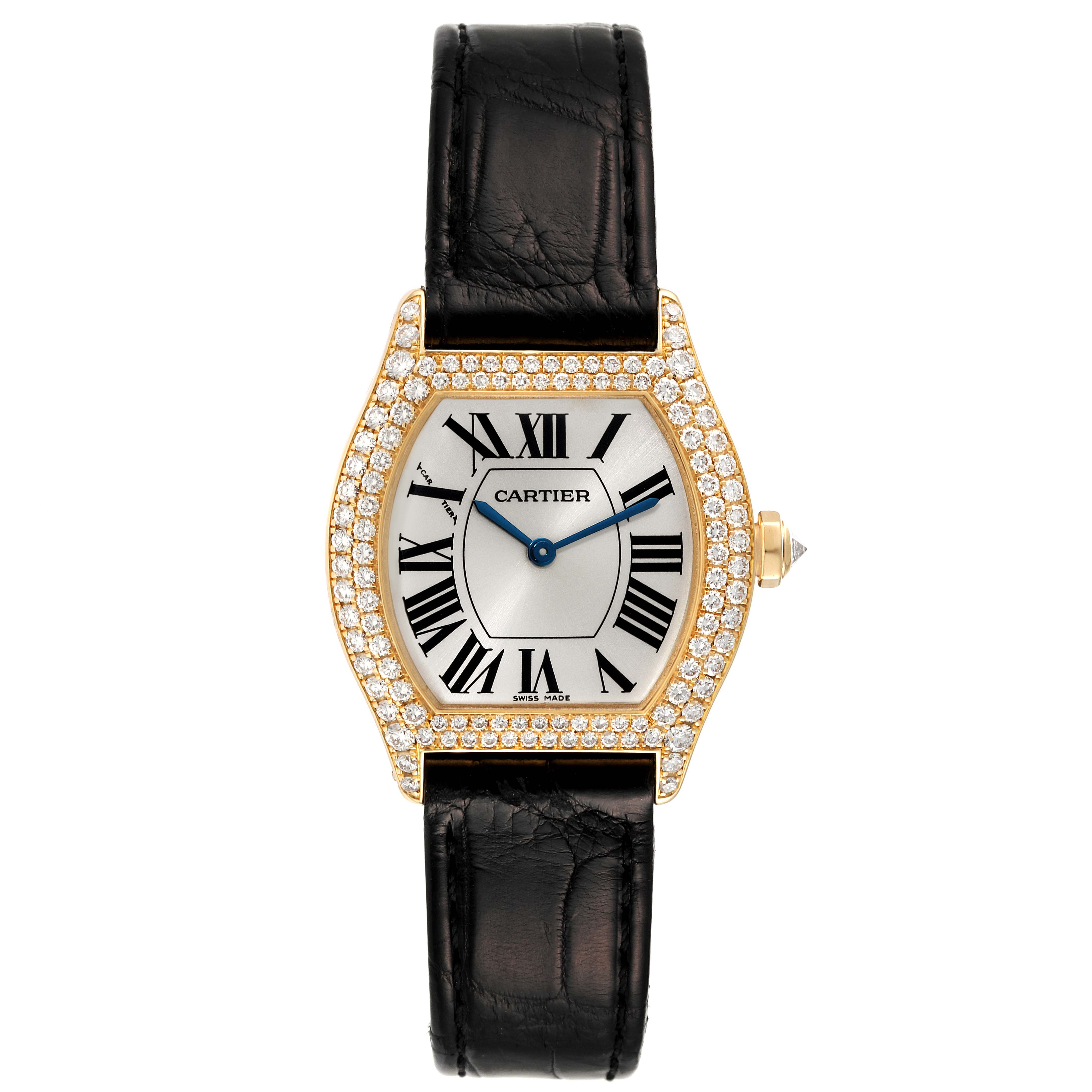 This image shows a front view of a Cartier Tortue 2643 Women's Yellow Gold Silver Dial 2643 Women's Yellow Gold Silver Dial watch, displaying its face, black leather strap, and diamond-studded bezel.