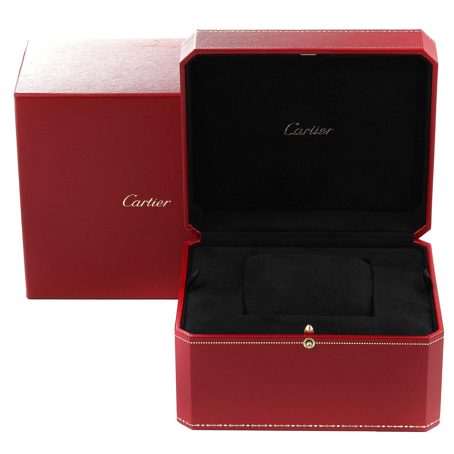 This image shows the open red and black packaging box for the Cartier Tortue 2643 Women's Yellow Gold Silver Dial 2643 Women's Yellow Gold Silver Dial model watch.