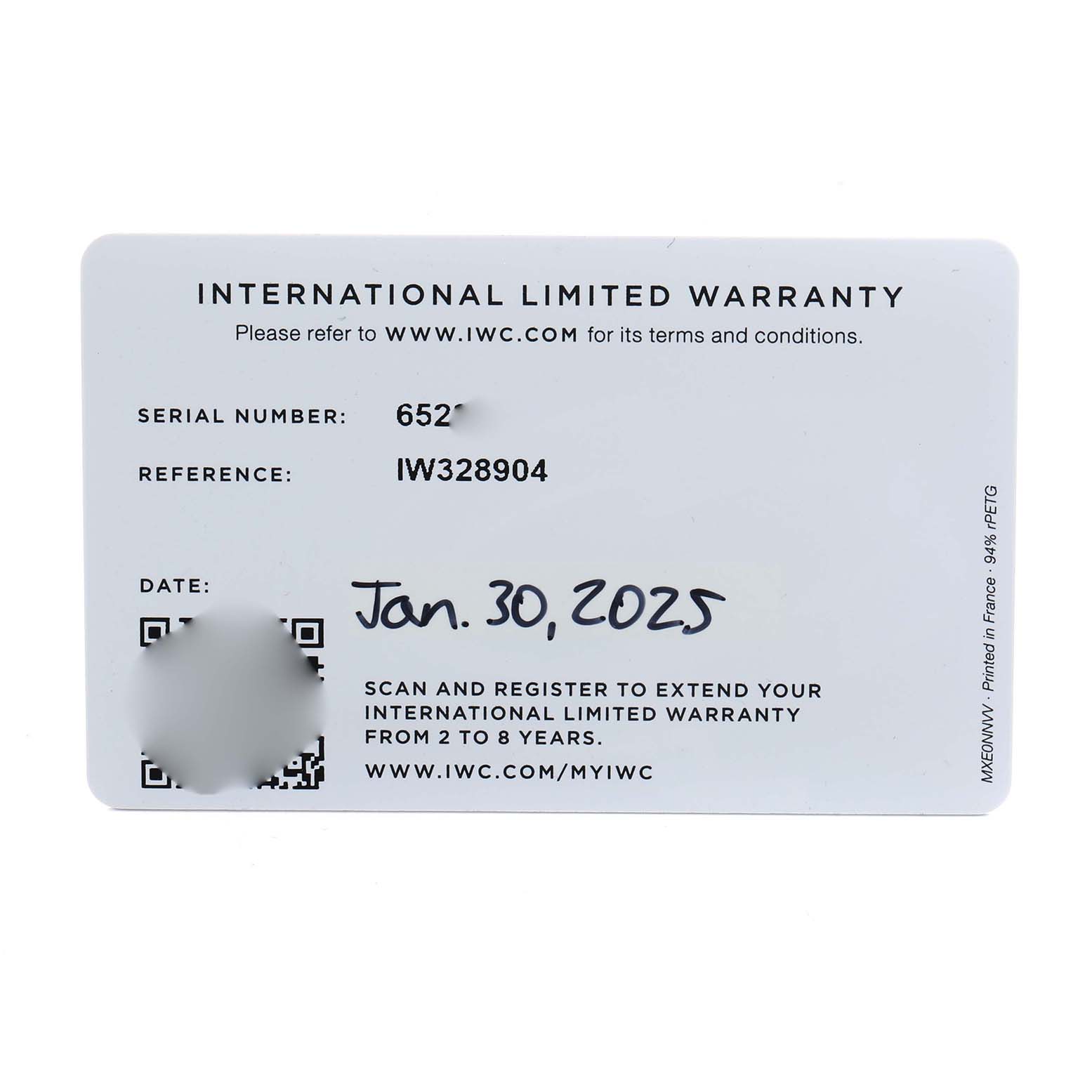 This image shows the warranty card for the IWC Ingenieur IW328904 Men
s Titanium Grey Dial watch, displaying the serial number, reference, and issue date.