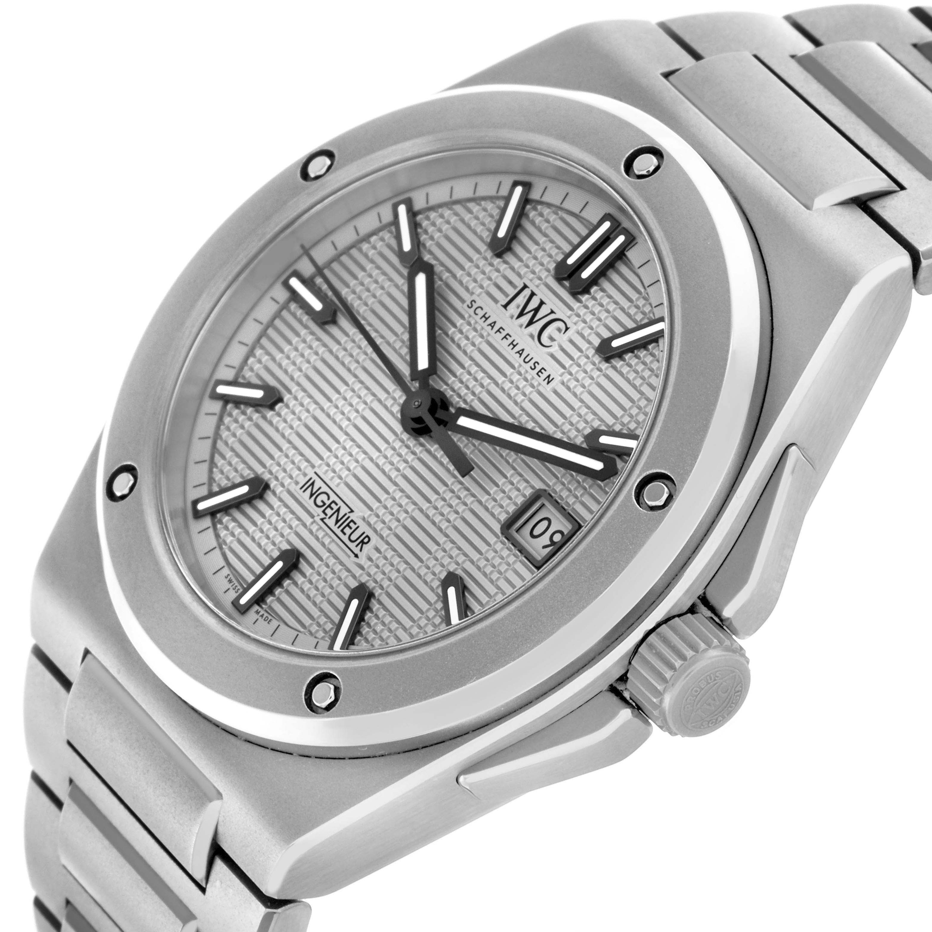 The IWC Ingenieur IW328904 Men
s Titanium Grey Dial watch is shown at a slight angle, highlighting the dial, bezel, crown, and bracelet.
