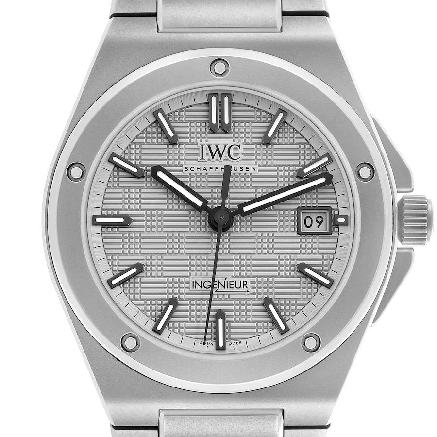 The IWC Ingenieur IW328904 Men's Titanium Grey Dial watch is shown from a front angle, displaying its dial, hour markers, hands, and date indicator.