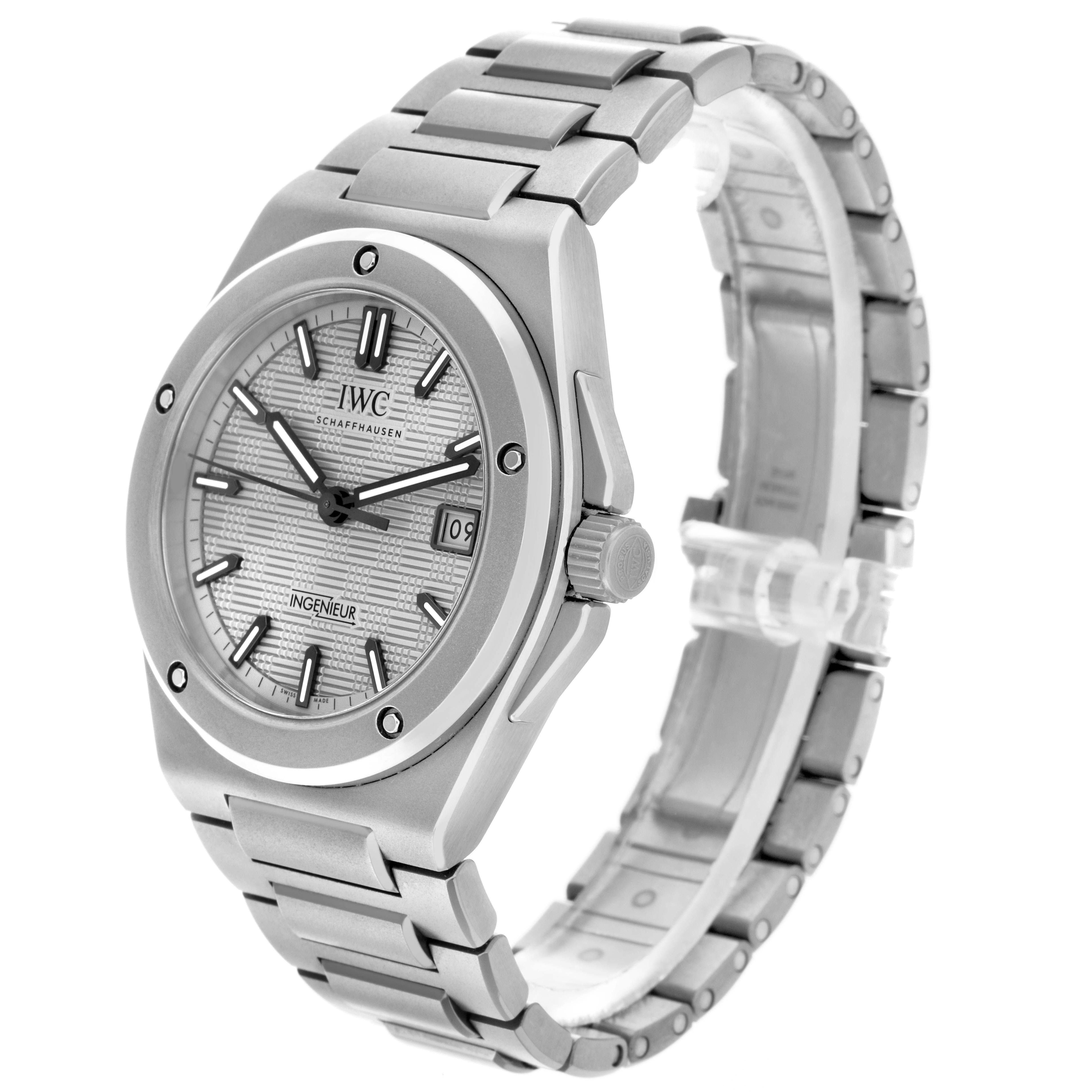 The IWC Ingenieur IW328904 Men
s Titanium Grey Dial watch is shown at a three-quarter angle, highlighting the bezel, dial, crown, and bracelet.