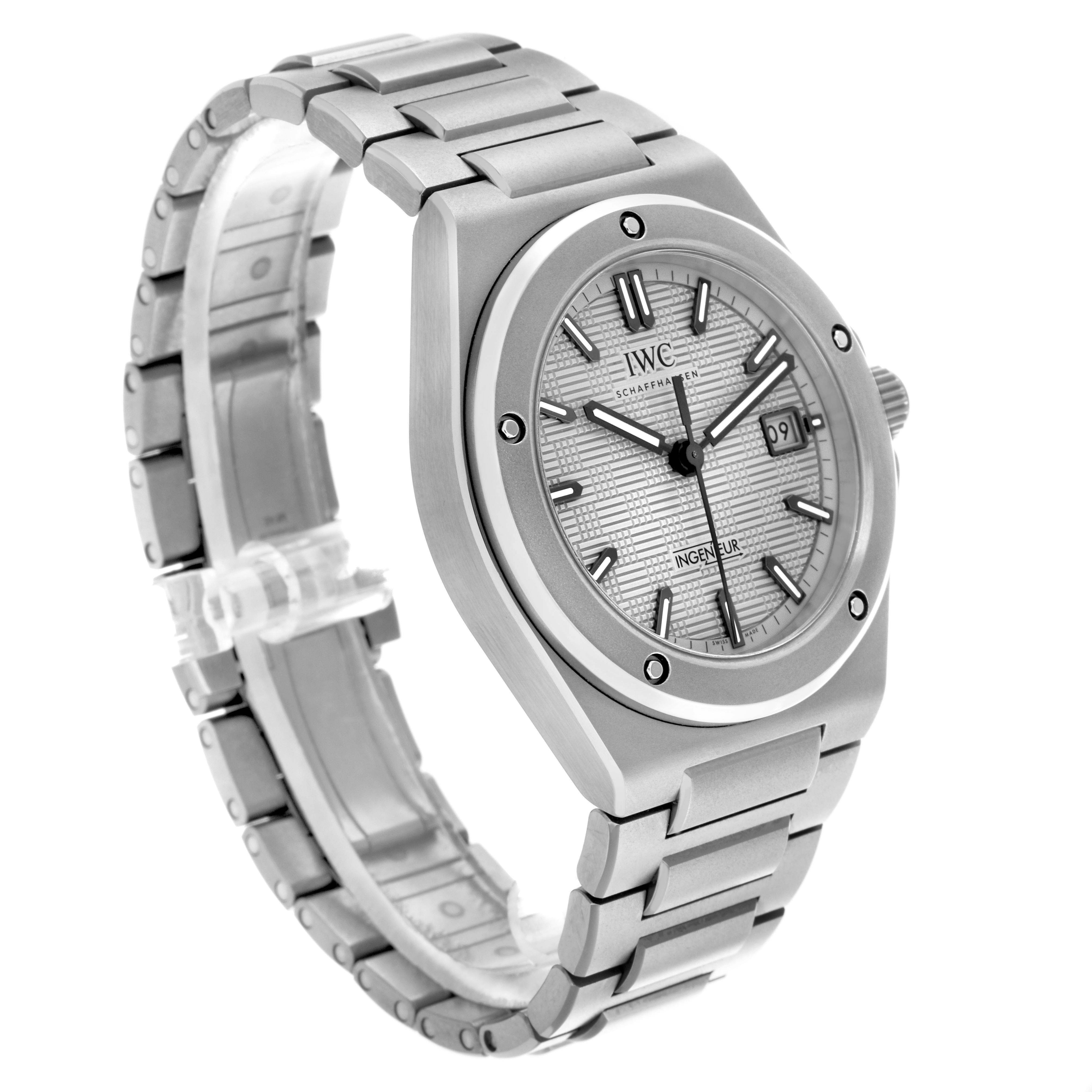 The IWC Ingenieur IW328904 Men
s Titanium Grey Dial watch is shown at a three-quarter angle, highlighting the dial, bezel, and bracelet.