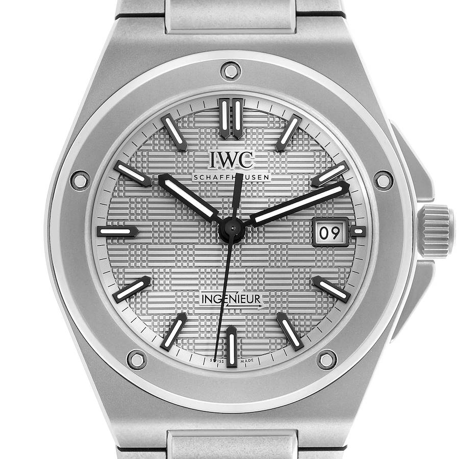 The image shows the IWC Ingenieur IW328904 Men's Titanium Grey Dial watch face from a direct, front-facing angle, highlighting the dial and date window.