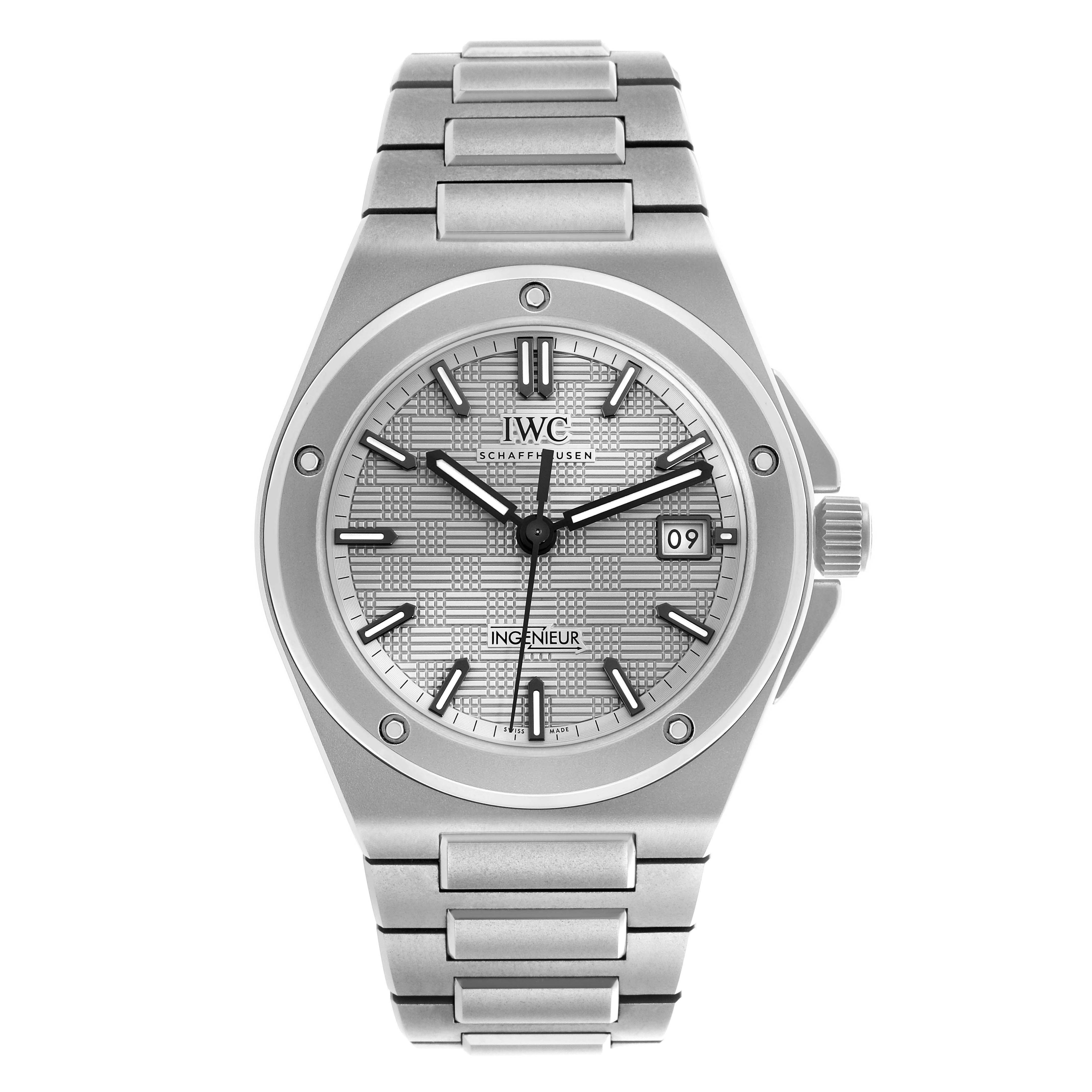 The IWC Ingenieur IW328904 Men
s Titanium Grey Dial watch is shown from a front angle, displaying its dial, bracelet, and crown.