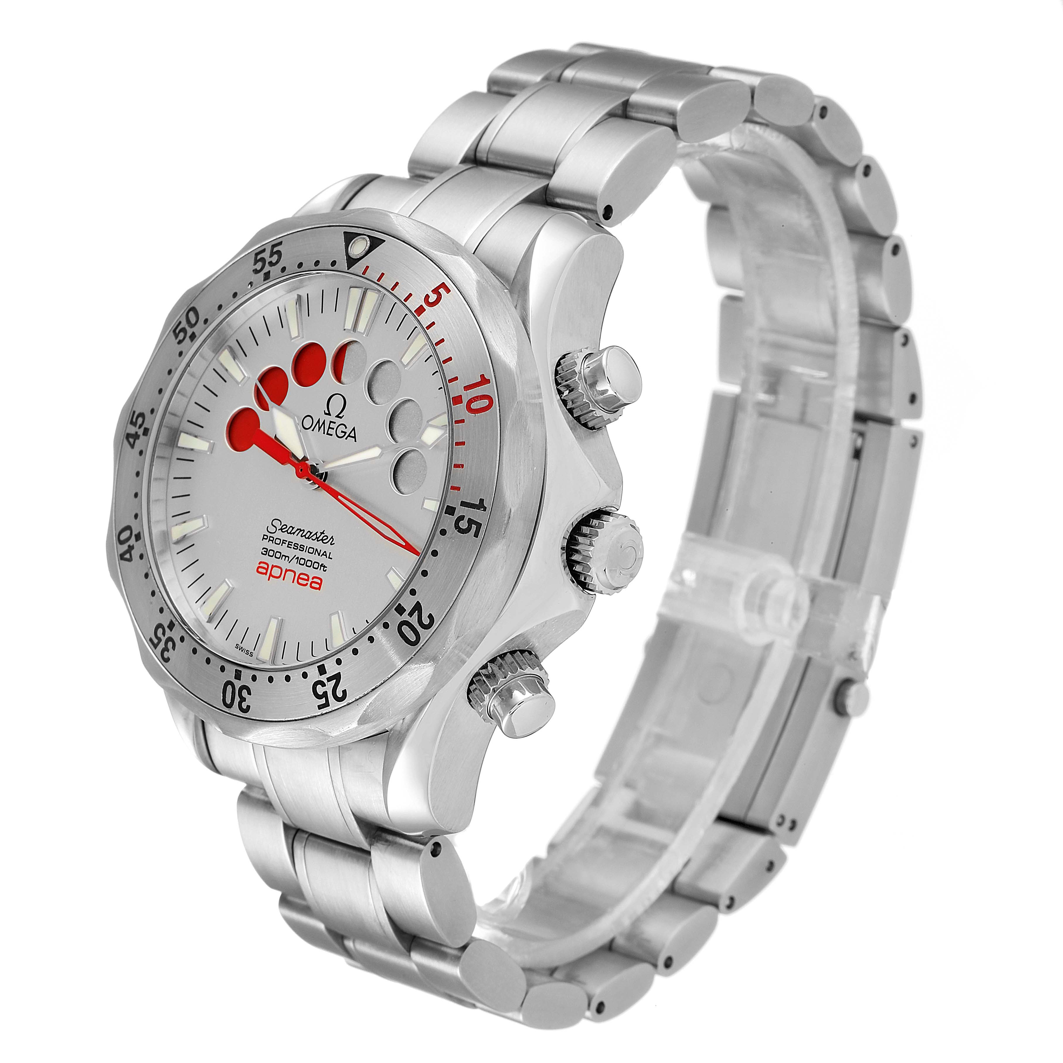 The image shows an Omega Seamaster 2595.30.00 Men's Stainless Steel Silver Dial 2595.30.00 Men's Stainless Steel Silver Dial watch at a three-quarter view, highlighting the face, bezel, buttons, and stainless steel band.