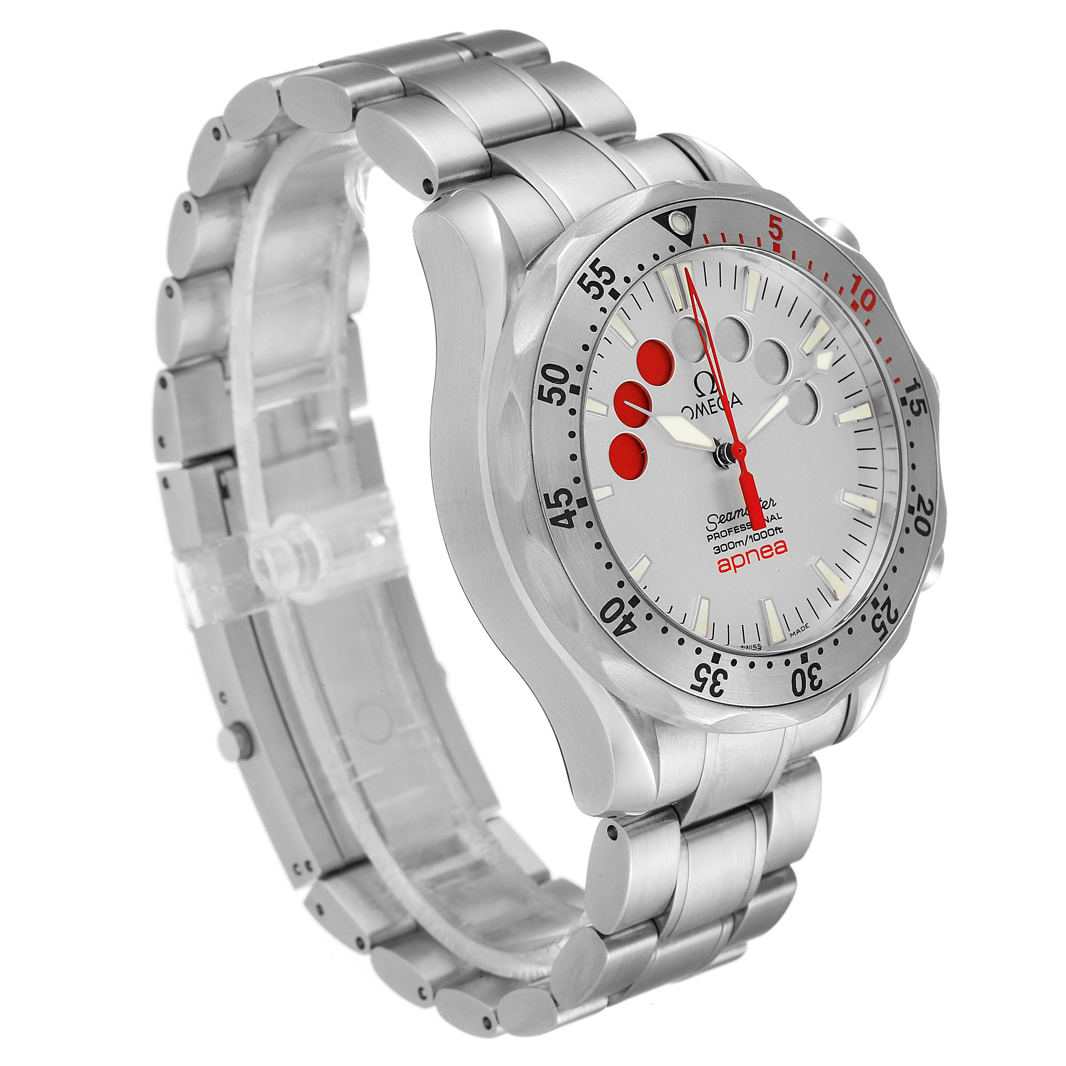 The photo shows an angled shot of an Omega Seamaster 2595.30.00 Men's Stainless Steel Silver Dial 2595.30.00 Men's Stainless Steel Silver Dial watch, displaying its face, bezel, and part of the metal bracelet.