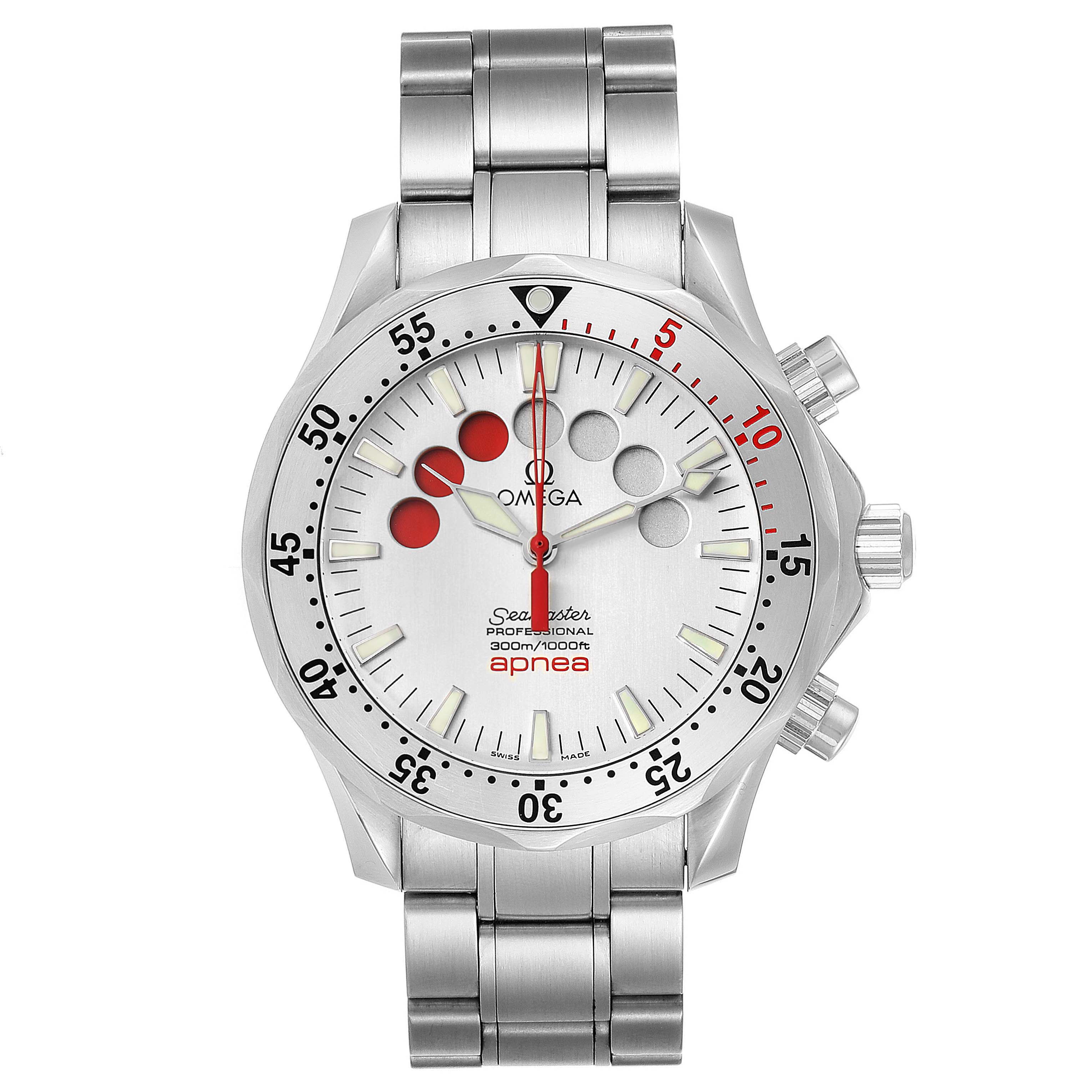 The image shows a front angle of the Omega Seamaster 2595.30.00 Men's Stainless Steel Silver Dial 2595.30.00 Men's Stainless Steel Silver Dial Professional 300m Apnea watch, including its face, bezel, and bracelet.