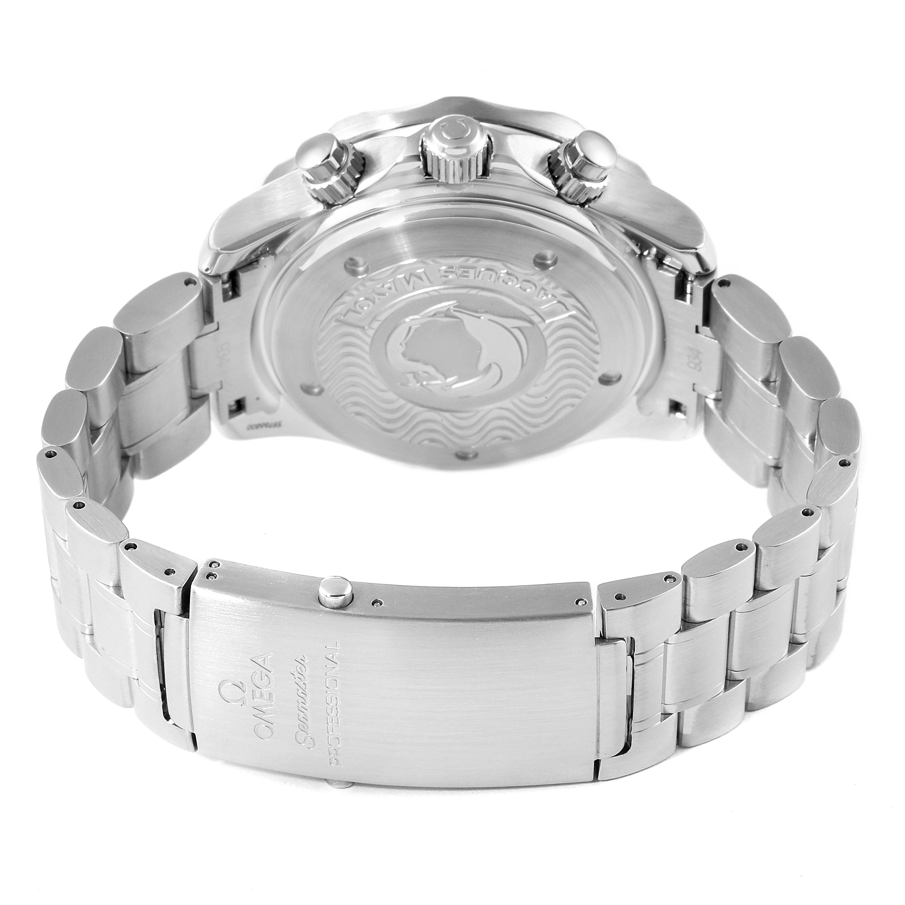 The image shows the back and bracelet of the Omega Seamaster 2595.30.00 Men's Stainless Steel Silver Dial 2595.30.00 Men's Stainless Steel Silver Dial watch, highlighting the clasp and case back details.