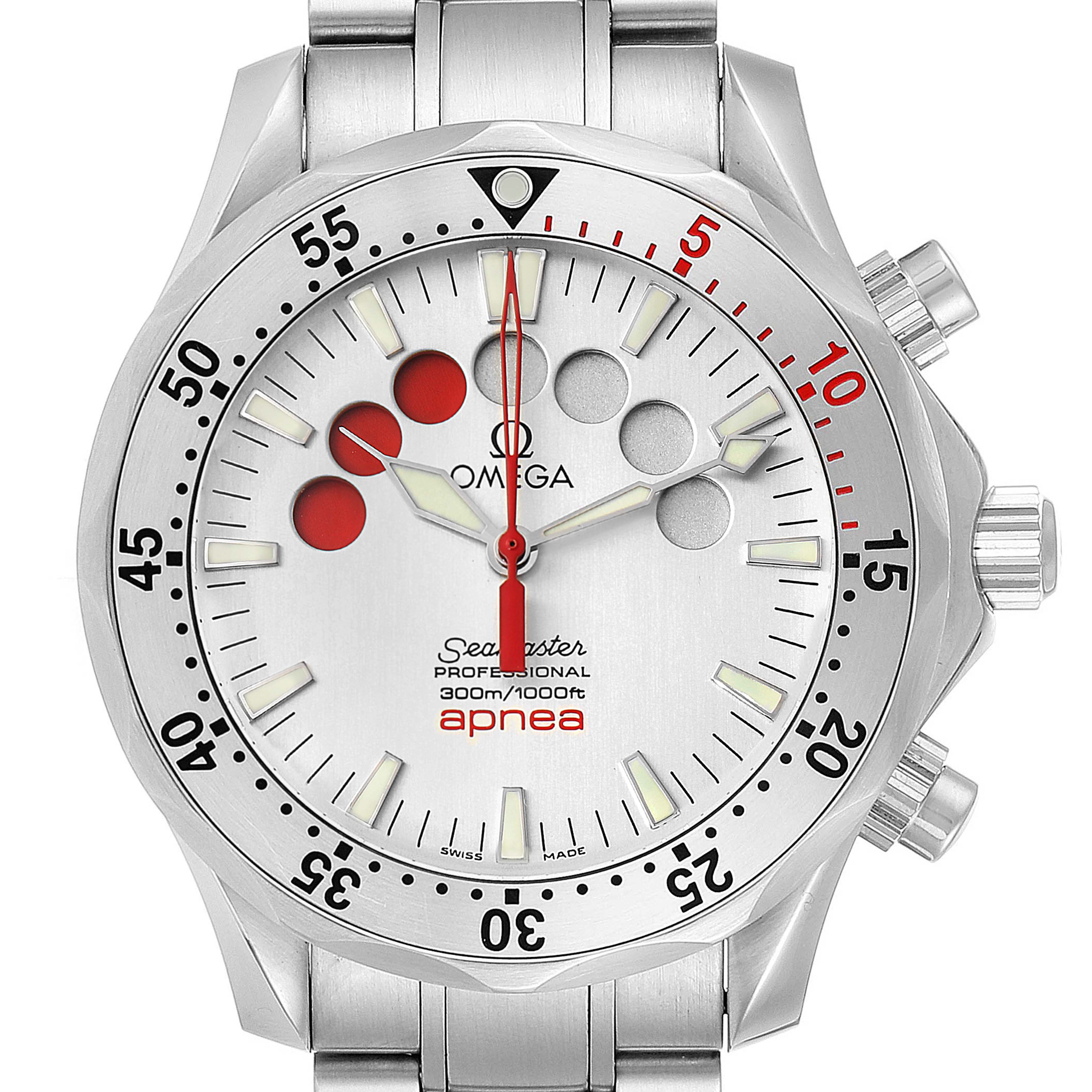 This image shows a front view of the Omega Seamaster 2595.30.00 Men's Stainless Steel Silver Dial 2595.30.00 Men's Stainless Steel Silver Dial Apnea model, highlighting its dial, bezel, hands, and pushers.