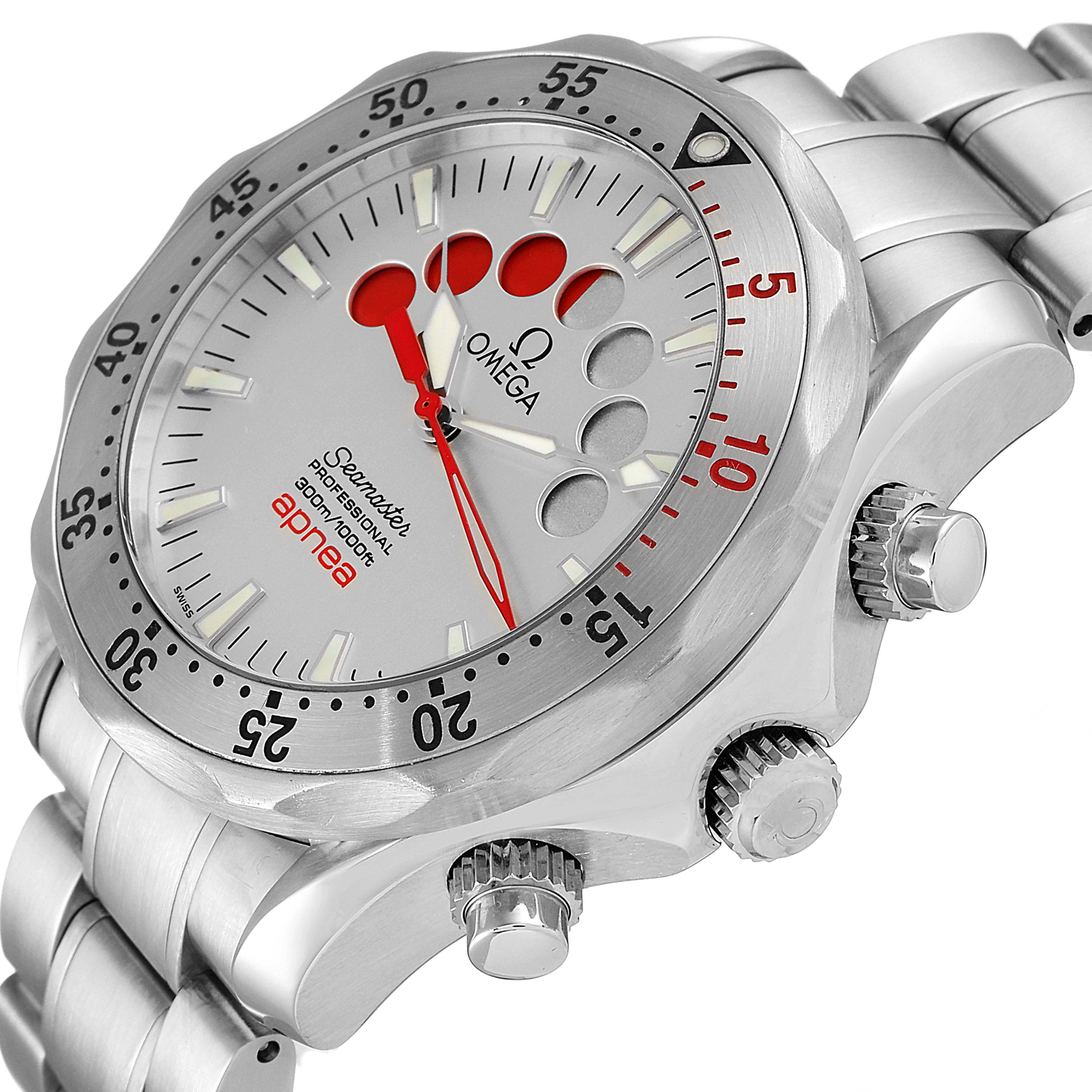 This image shows a side and angled top view of the Omega Seamaster 2595.30.00 Men's Stainless Steel Silver Dial 2595.30.00 Men's Stainless Steel Silver Dial Apnea watch, highlighting its bezel, dial, and crown.