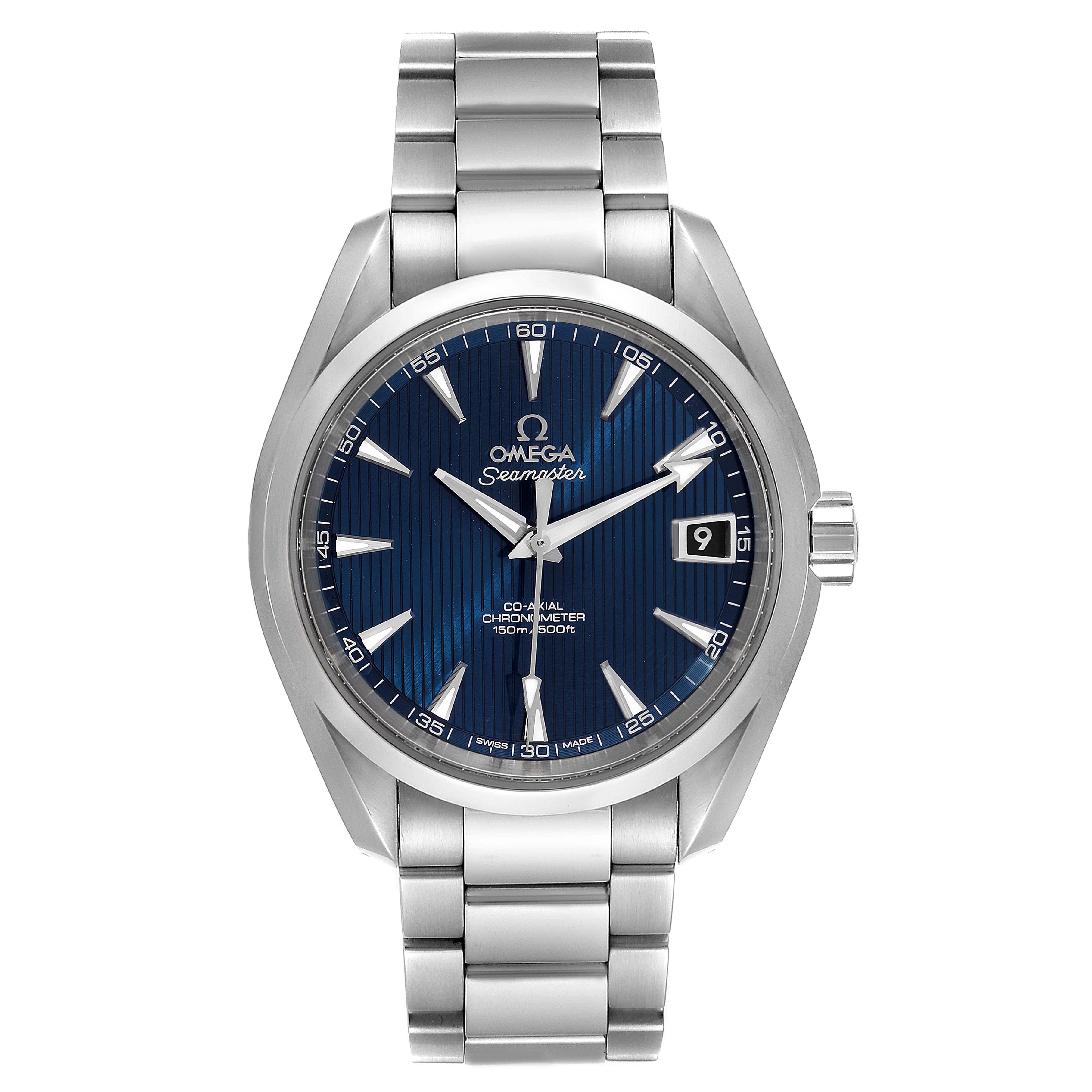 The image shows a front view of the Omega Aqua Terra 231.10.39.21.03.001 Men
s Stainless Steel Blue Dial 231.10.39.21.03.001 Men
s Stainless Steel Blue Dial Seamaster watch, displaying its blue dial, stainless steel bracelet, and date window.