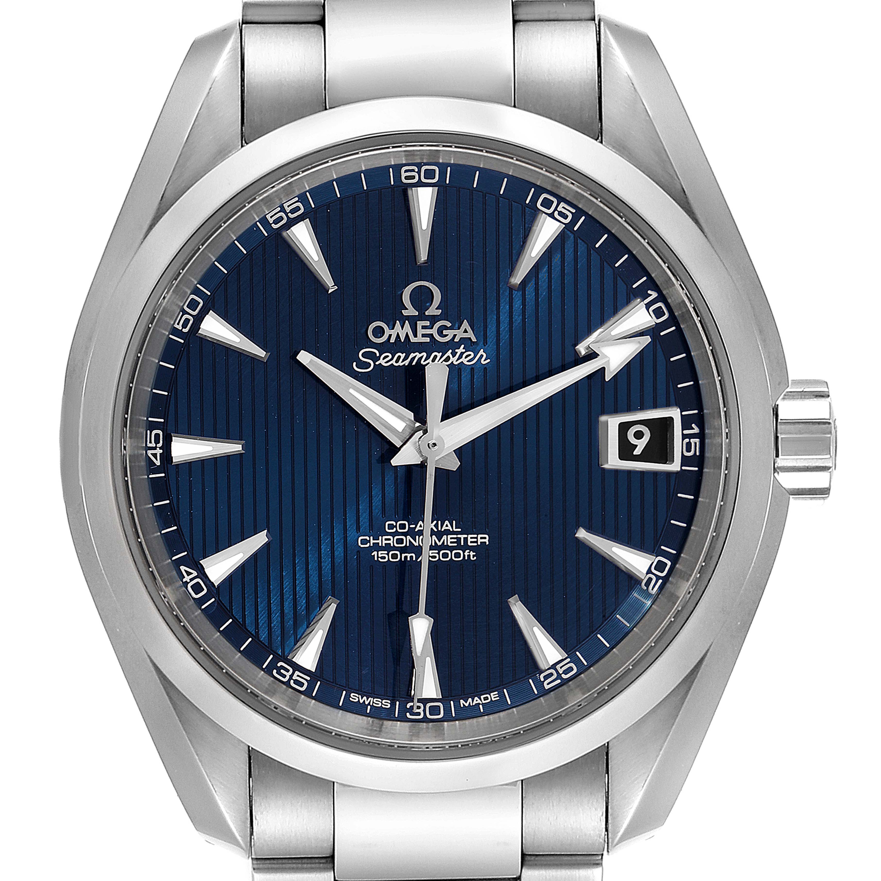 The Omega Aqua Terra 231.10.39.21.03.001 Men
s Stainless Steel Blue Dial 231.10.39.21.03.001 Men
s Stainless Steel Blue Dial watch is shown from a front angle, highlighting its blue dial, date window, and stainless steel bracelet.