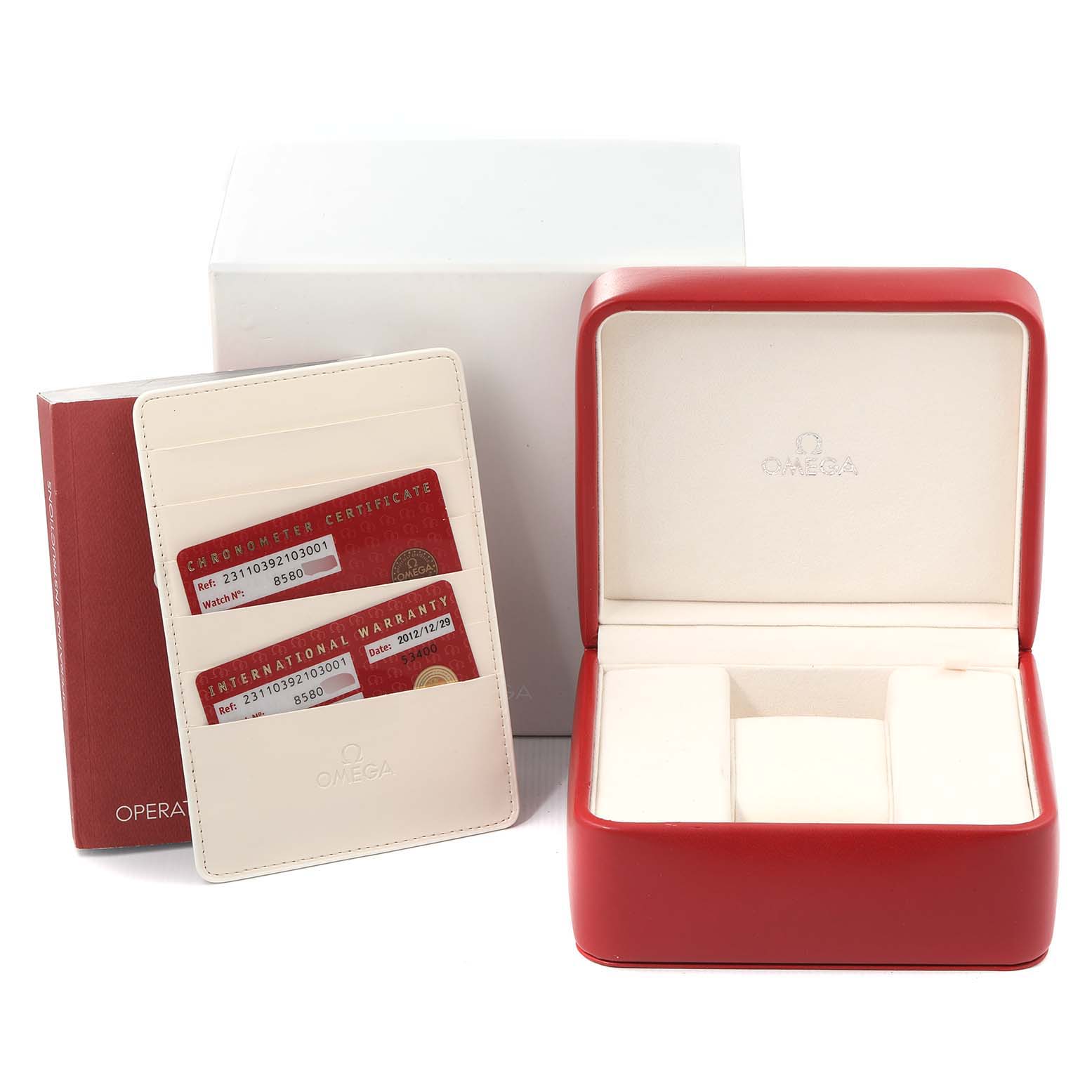 Image shows the accessories for the Omega Aqua Terra 231.10.39.21.03.001 Men
s Stainless Steel Blue Dial 231.10.39.21.03.001 Men
s Stainless Steel Blue Dial model, including a red box, warranty cards, and a pouch.