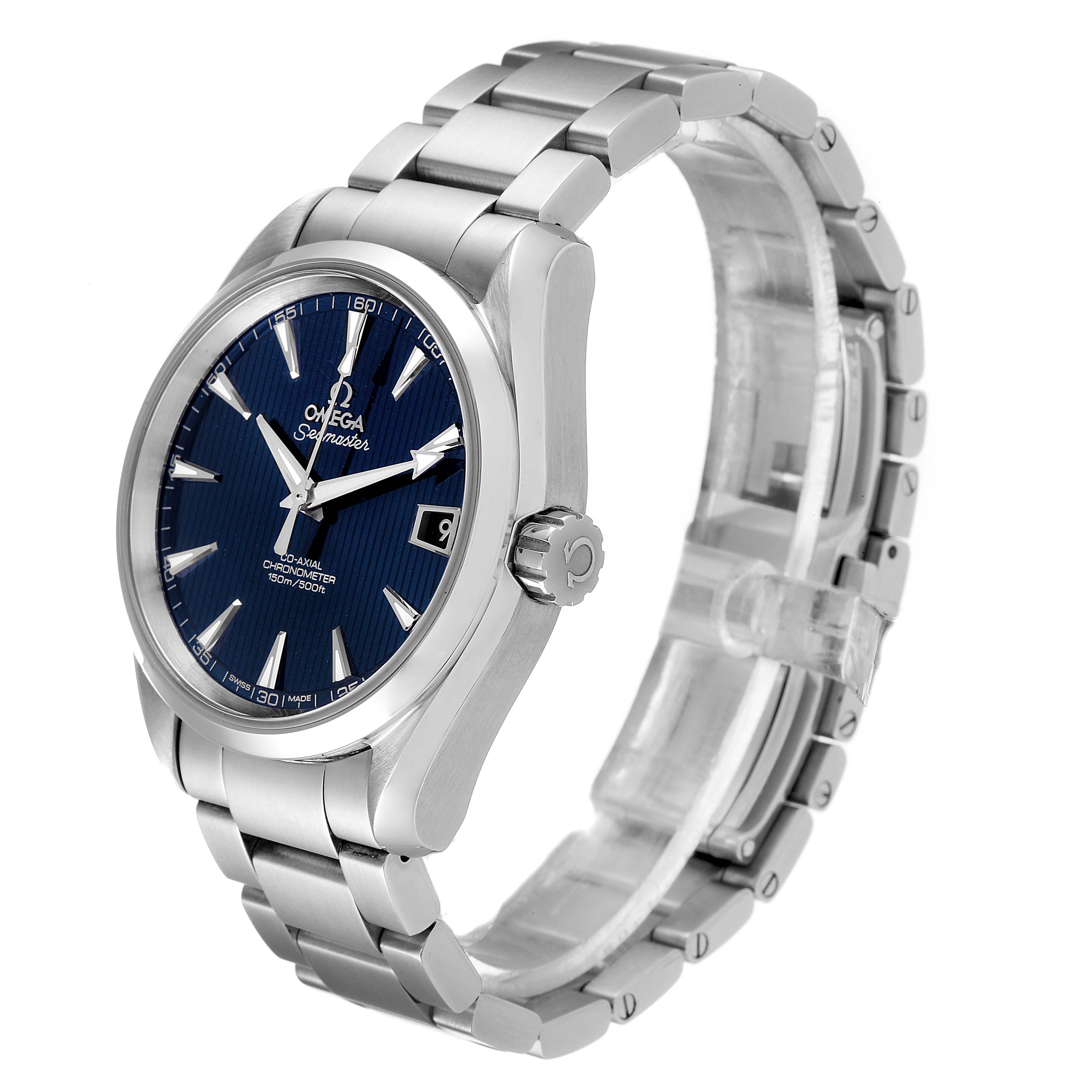 The Omega Aqua Terra 231.10.39.21.03.001 Men
s Stainless Steel Blue Dial 231.10.39.21.03.001 Men
s Stainless Steel Blue Dial watch is shown at a 3/4 angle, highlighting the dial, bezel, crown, and stainless steel bracelet.