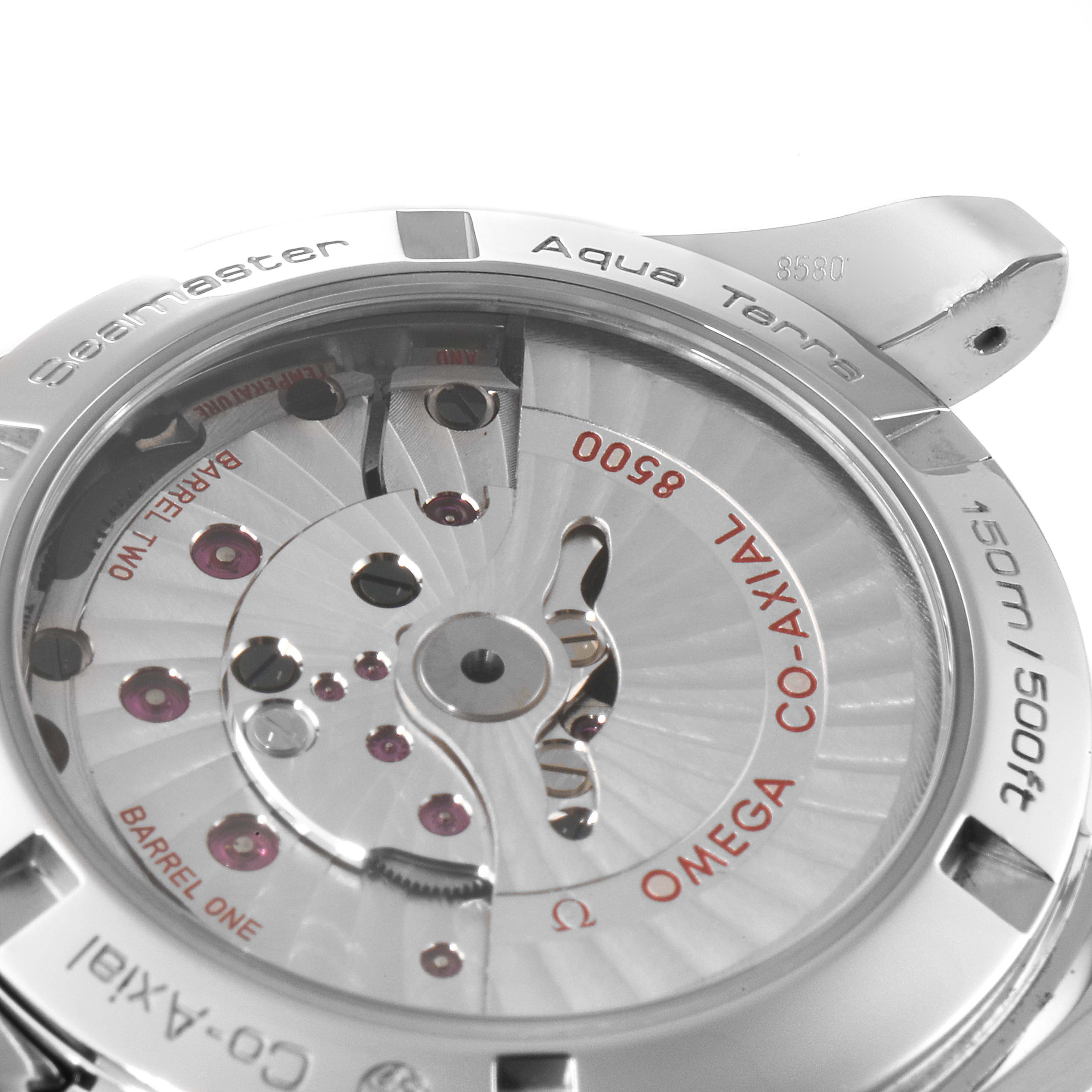 This image shows the back view of the Omega Aqua Terra 231.10.39.21.03.001 Men
s Stainless Steel Blue Dial 231.10.39.21.03.001 Men
s Stainless Steel Blue Dial watch, highlighting its internal mechanism and "Omega Co-Axial" labeling.