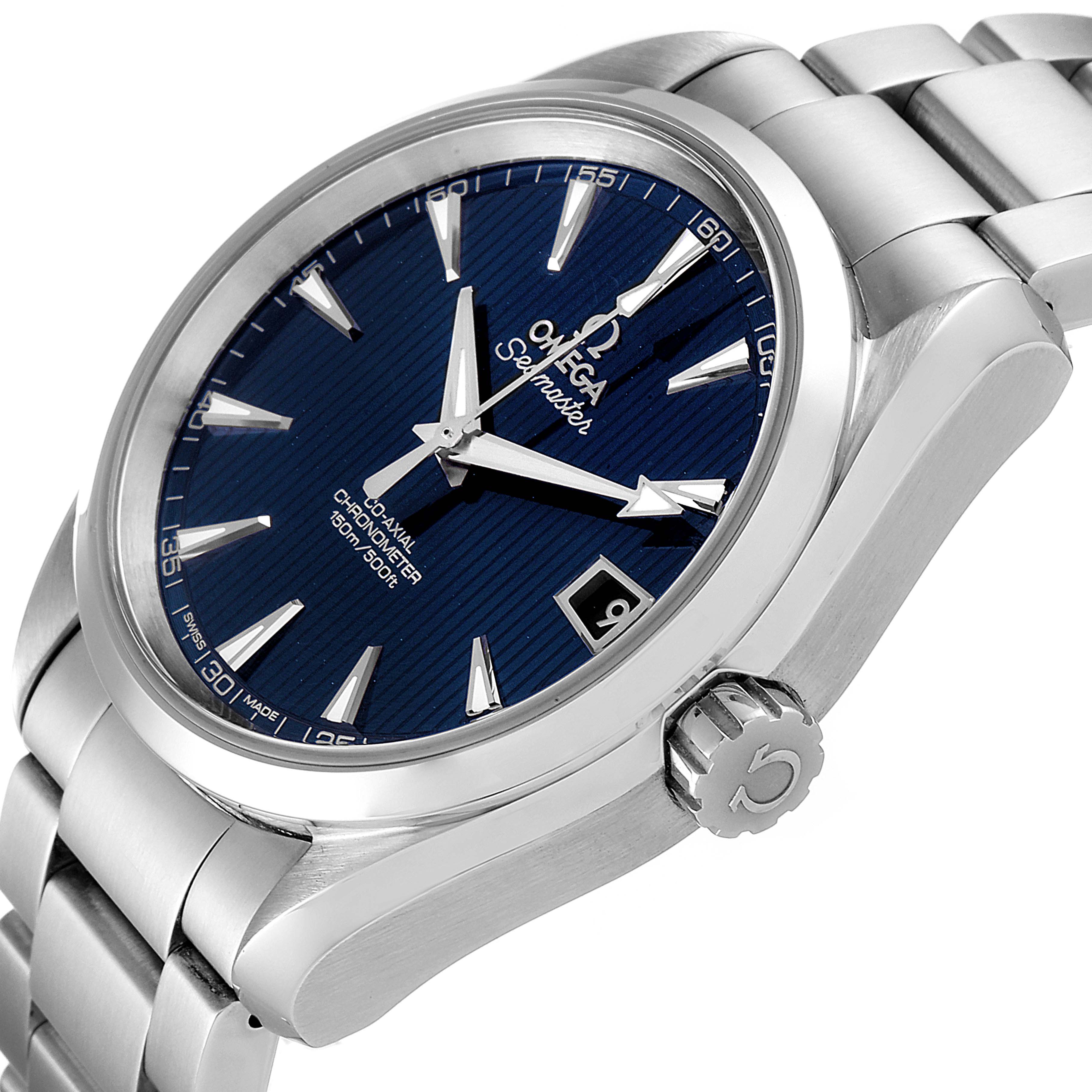 The image shows a close-up angle of the Omega Aqua Terra 231.10.39.21.03.001 Men
s Stainless Steel Blue Dial 231.10.39.21.03.001 Men
s Stainless Steel Blue Dial watch, focusing on the face, bezel, crown, and part of the bracelet.