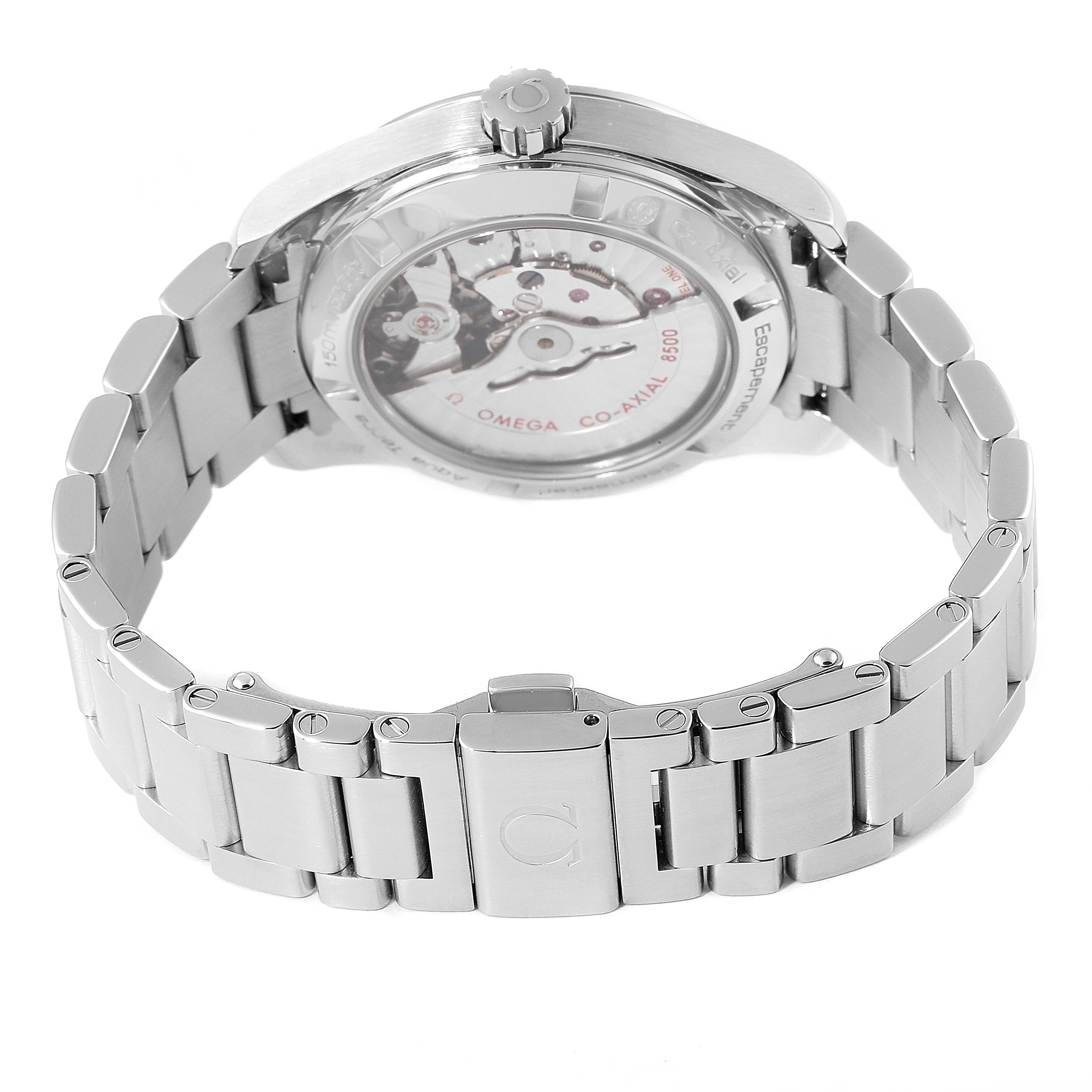 The image shows the back of the Omega Aqua Terra 231.10.39.21.03.001 Men
s Stainless Steel Blue Dial 231.10.39.21.03.001 Men
s Stainless Steel Blue Dial watch, highlighting its movement mechanism and metal bracelet.