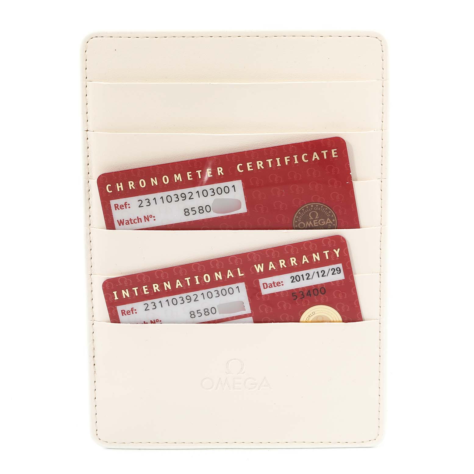 The image shows the chronometer certificate and international warranty cards for the Omega Aqua Terra 231.10.39.21.03.001 Men
s Stainless Steel Blue Dial 231.10.39.21.03.001 Men
s Stainless Steel Blue Dial, housed in a white cardholder.