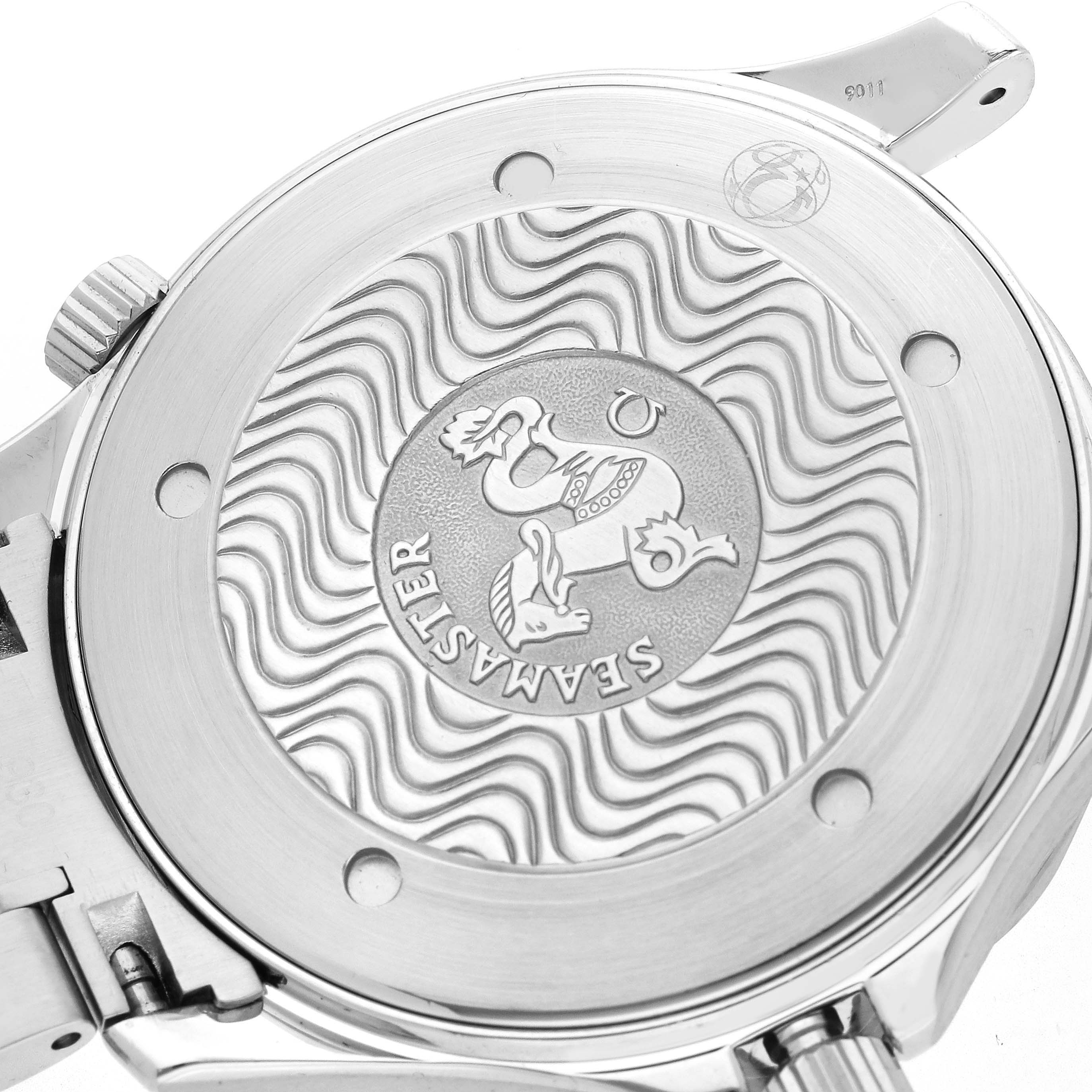 The image shows the case back of an Omega Seamaster 2264.50.00 Men
s Stainless Steel Black Dial watch, featuring the wave pattern and Omega logo.