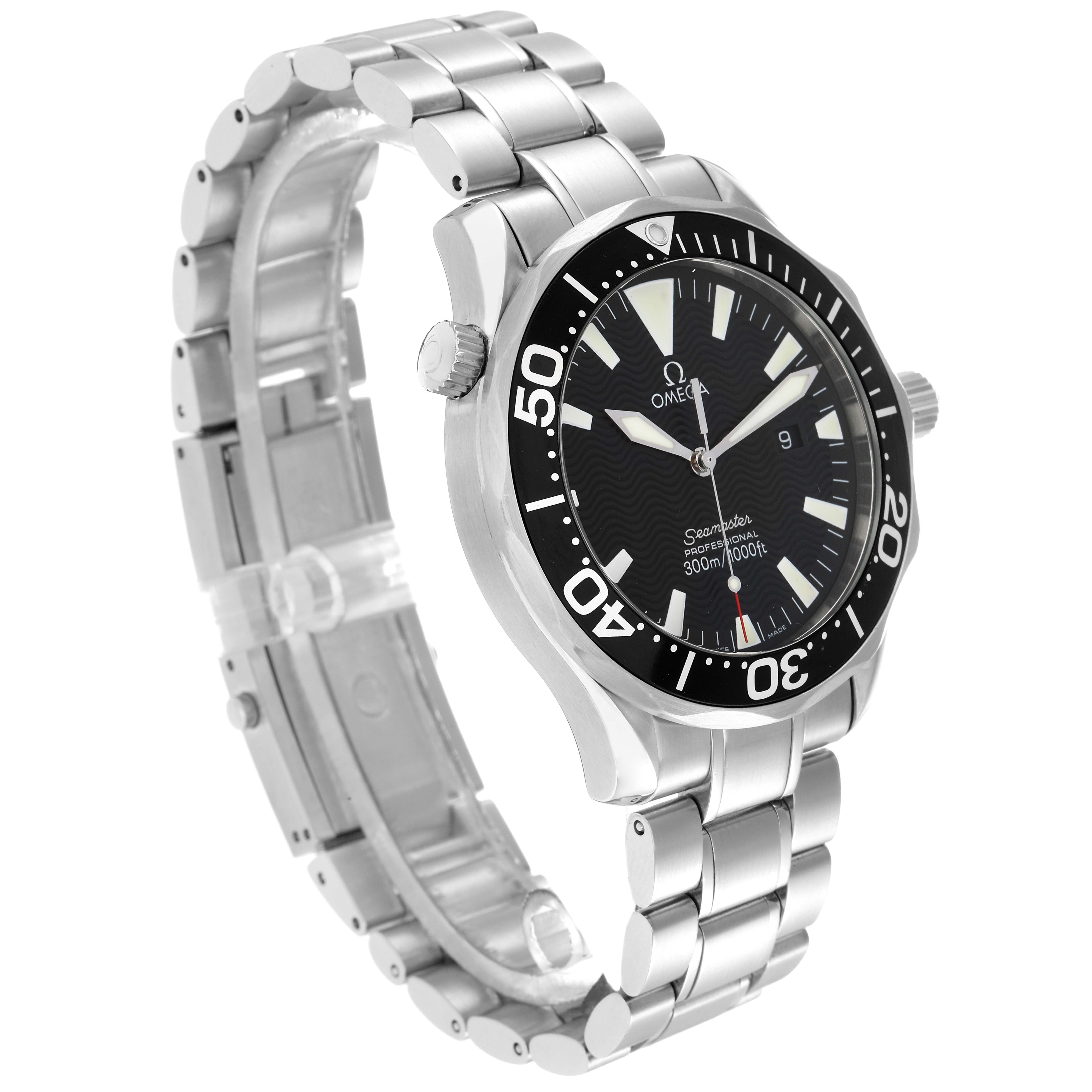 The Omega Seamaster 2264.50.00 Men
s Stainless Steel Black Dial watch is shown at a three-quarter angle, revealing the face, bezel, and metal bracelet.