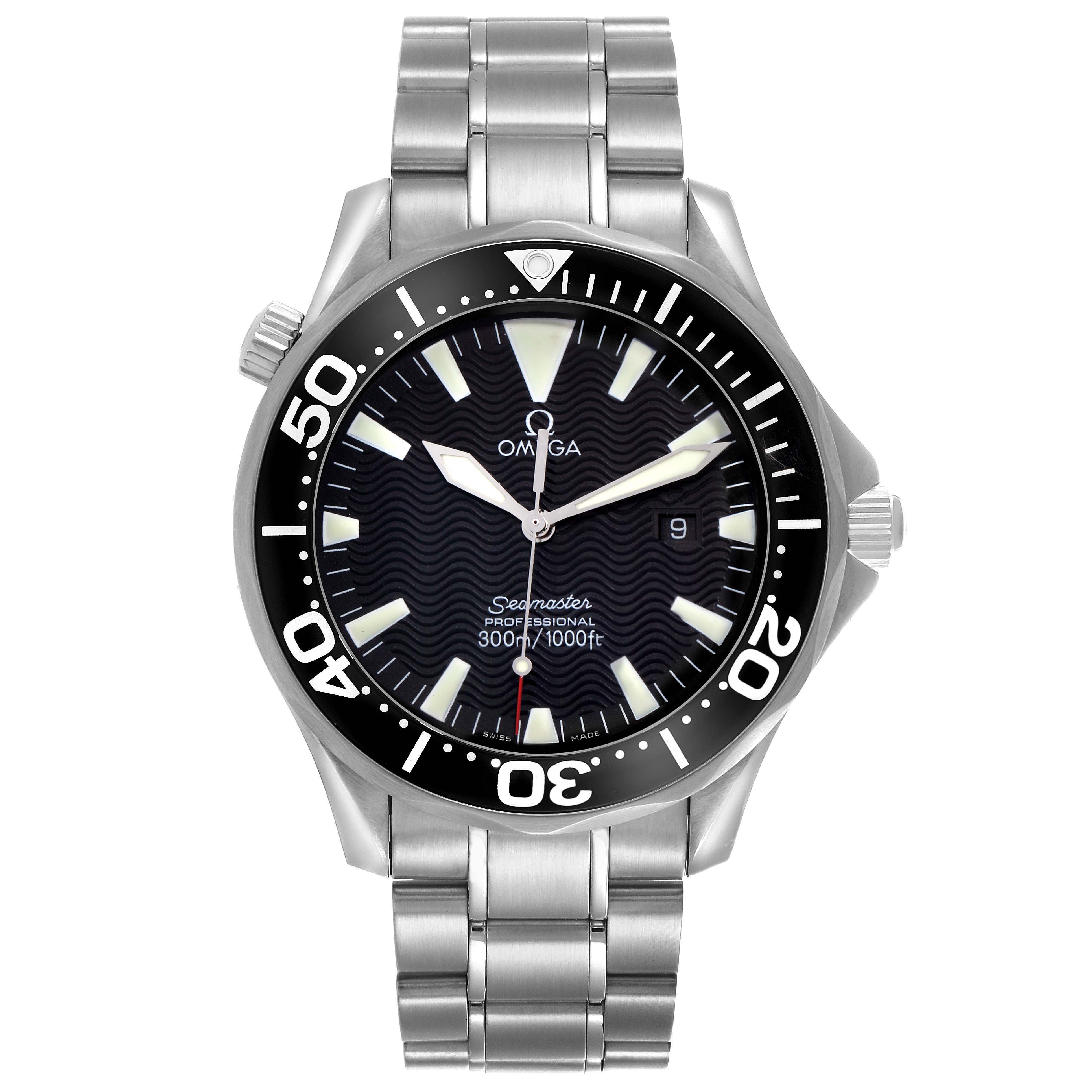 The Omega Seamaster 2264.50.00 Men
s Stainless Steel Black Dial watch is shown from a front view, displaying the face, bezel, and metallic bracelet.