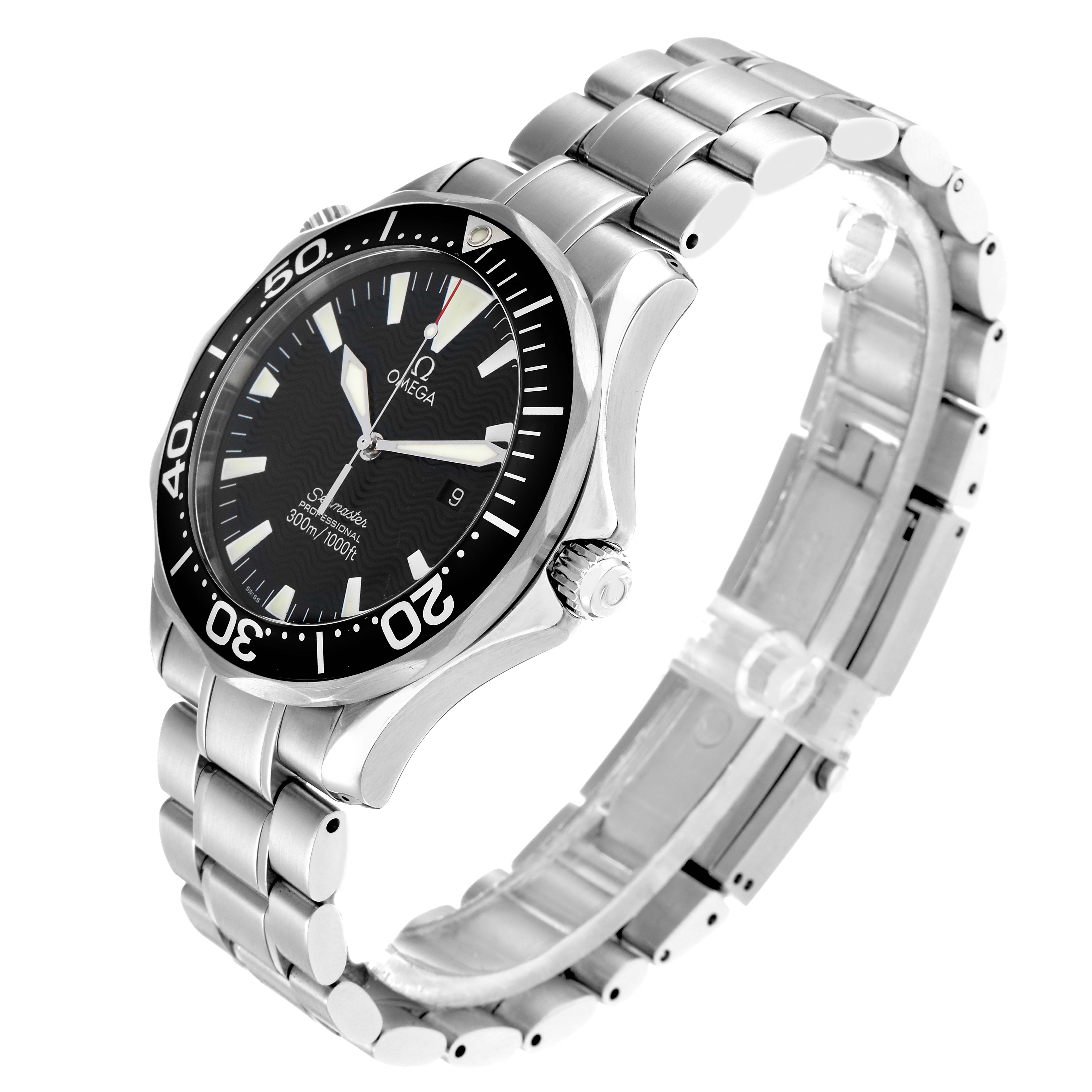 The Omega Seamaster 2264.50.00 Men
s Stainless Steel Black Dial watch is shown at a tilted angle, displaying the face, bezel, bracelet, and crown.
