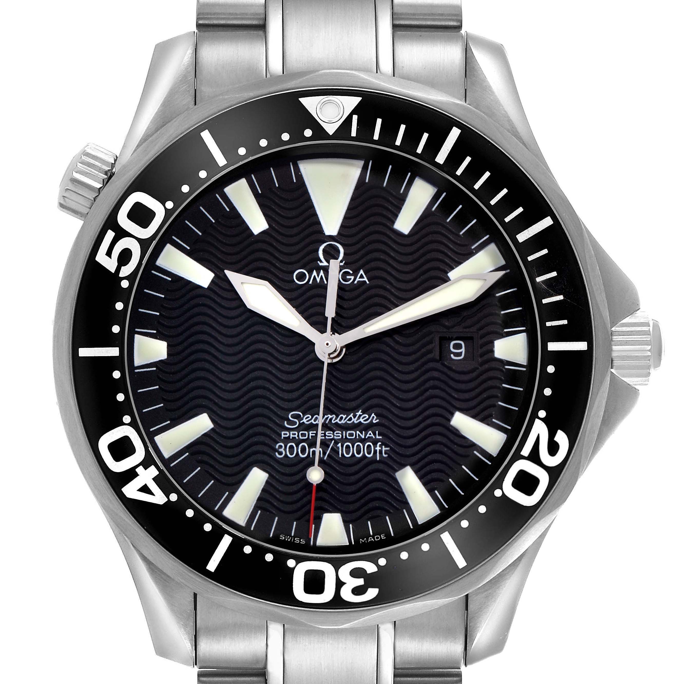 The Omega Seamaster 2264.50.00 Men
s Stainless Steel Black Dial watch is shown from the front, highlighting the dial, bezel, and part of the bracelet.