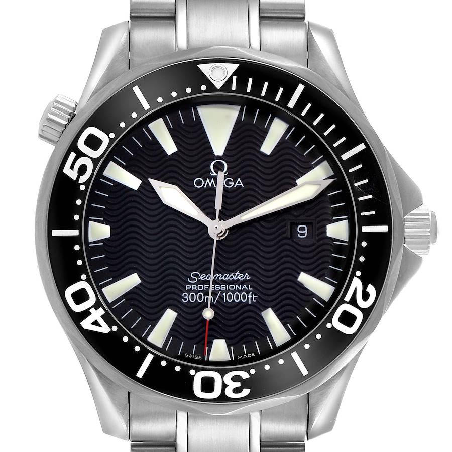 The Omega Seamaster 2264.50.00 Men's Stainless Steel Black Dial watch is shown from the front, highlighting the dial, bezel, and part of the bracelet.