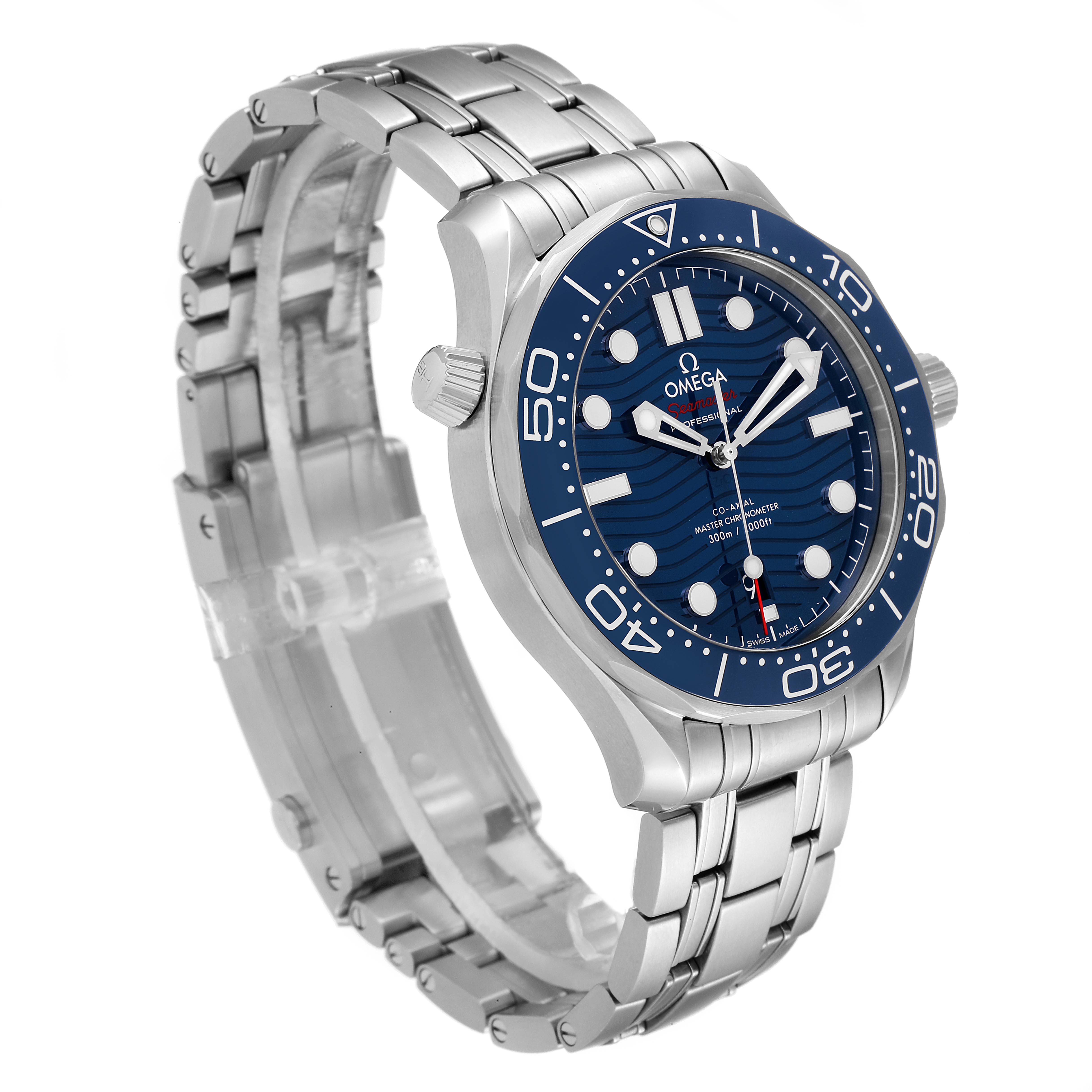The Omega Seamaster 210.30.42.20.03.001 Men's Stainless Steel Blue Dial 210.30.42.20.03.001 Men's Stainless Steel Blue Dial watch is shown at an angled view, highlighting its blue dial, silver bracelet, and bezel.