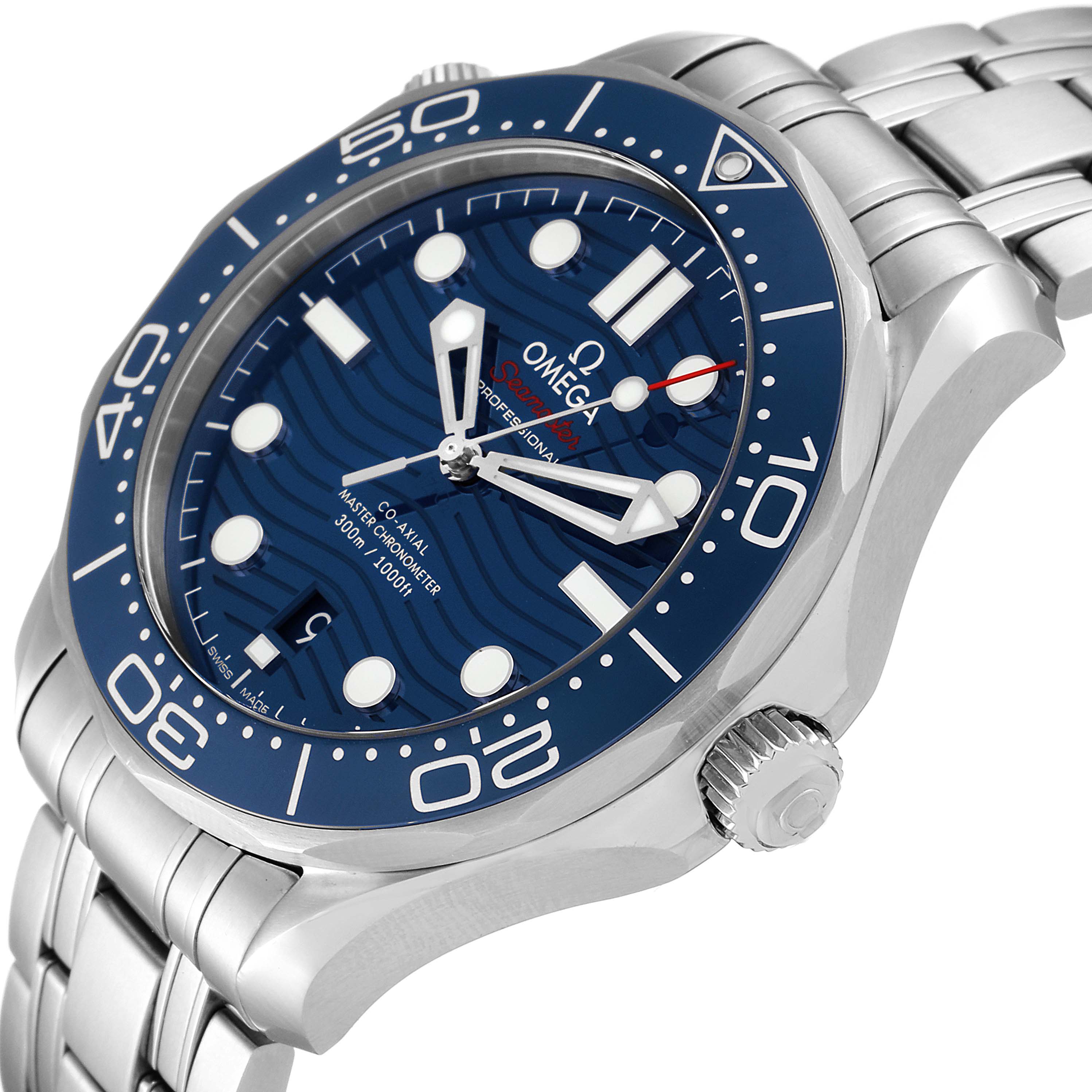The Omega Seamaster 210.30.42.20.03.001 Men's Stainless Steel Blue Dial 210.30.42.20.03.001 Men's Stainless Steel Blue Dial watch is shown at an angle highlighting the face, bezel, crown, and partial bracelet.