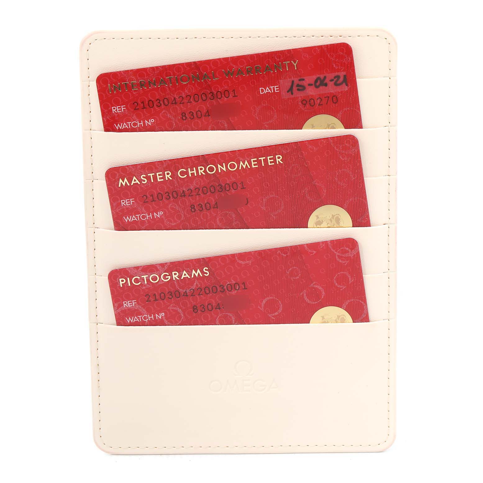 The image shows three Omega Seamaster 210.30.42.20.03.001 Men's Stainless Steel Blue Dial 210.30.42.20.03.001 Men's Stainless Steel Blue Dial warranty and certification cards inside a beige cardholder.