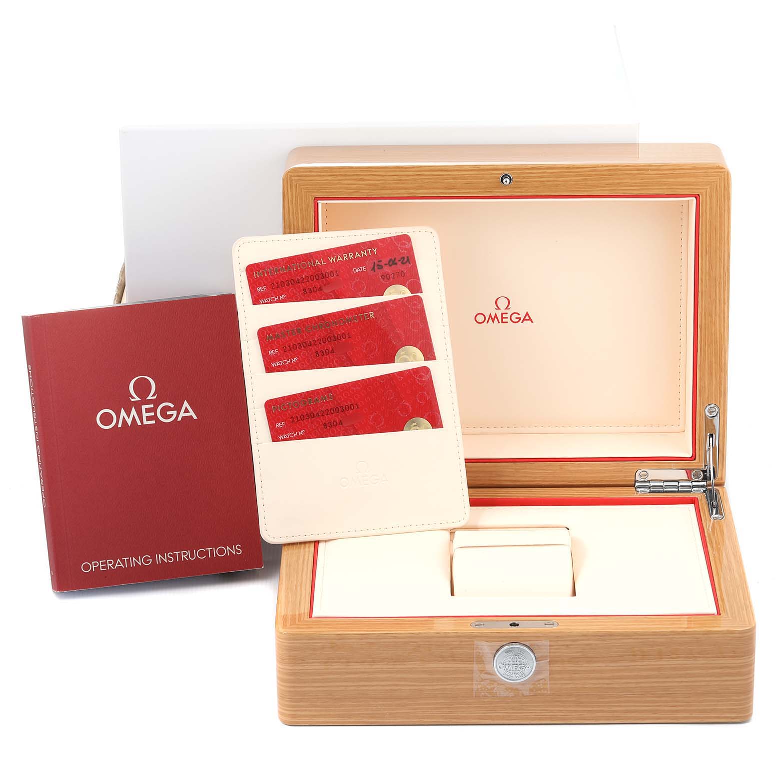 The image shows the packaging and accessories for the Omega Seamaster 210.30.42.20.03.001 Men's Stainless Steel Blue Dial 210.30.42.20.03.001 Men's Stainless Steel Blue Dial watch, including the box, warranty cards, and operating manual.