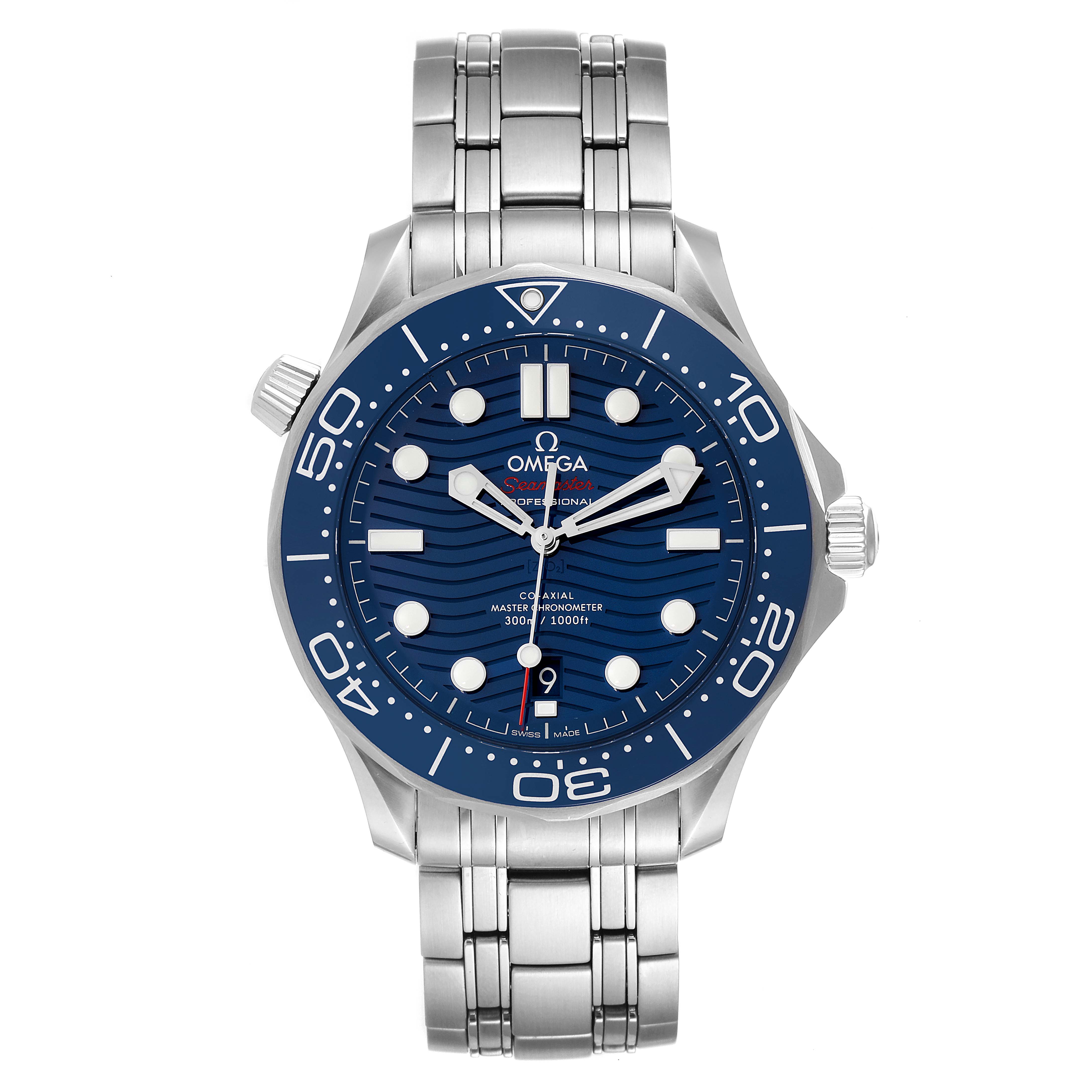 The image shows a front view of an Omega Seamaster 210.30.42.20.03.001 Men's Stainless Steel Blue Dial 210.30.42.20.03.001 Men's Stainless Steel Blue Dial watch, highlighting its blue dial, stainless steel bezel, and bracelet.