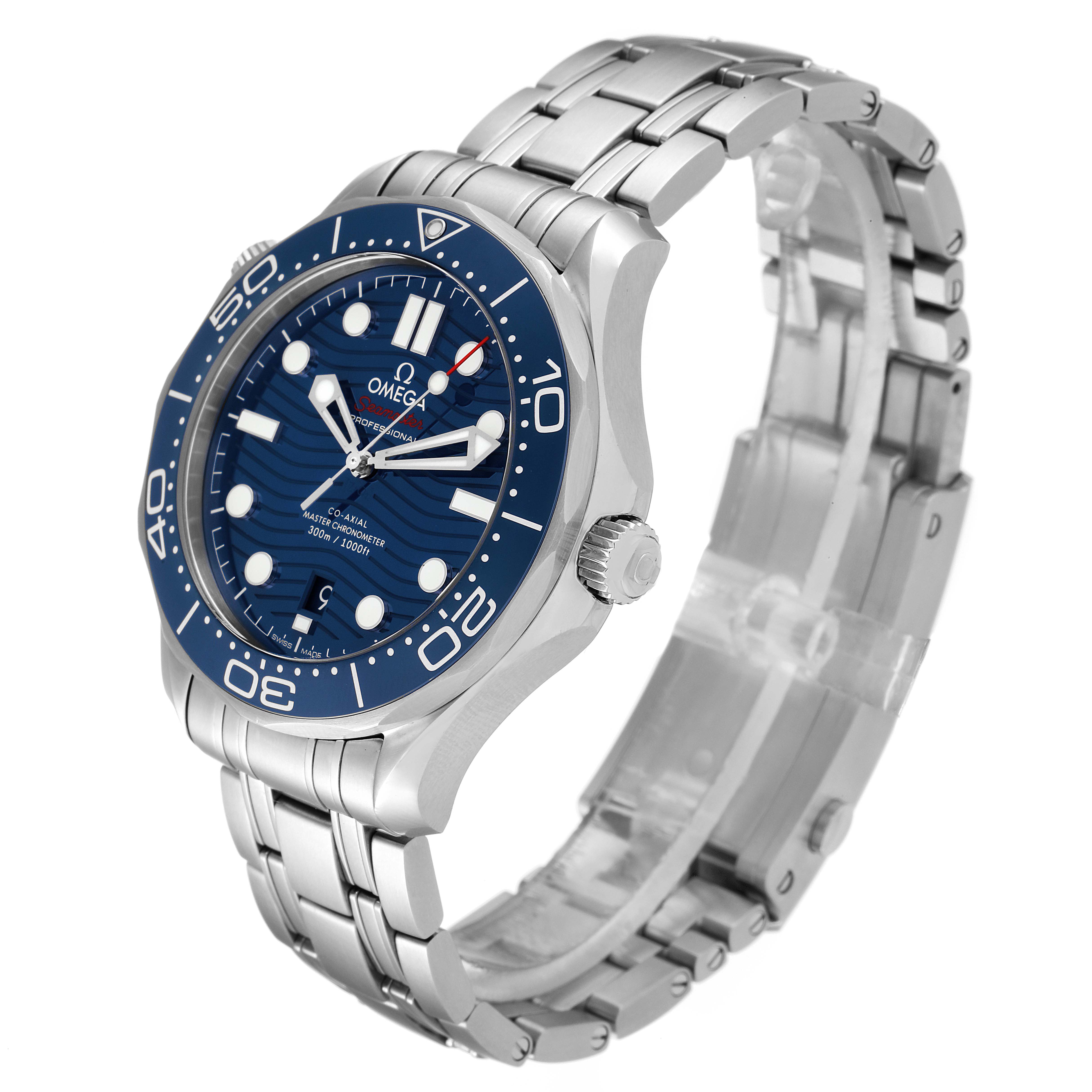 The image shows an angled view of the Omega Seamaster 210.30.42.20.03.001 Men's Stainless Steel Blue Dial 210.30.42.20.03.001 Men's Stainless Steel Blue Dial watch, highlighting the blue dial, bezel, and stainless steel bracelet.