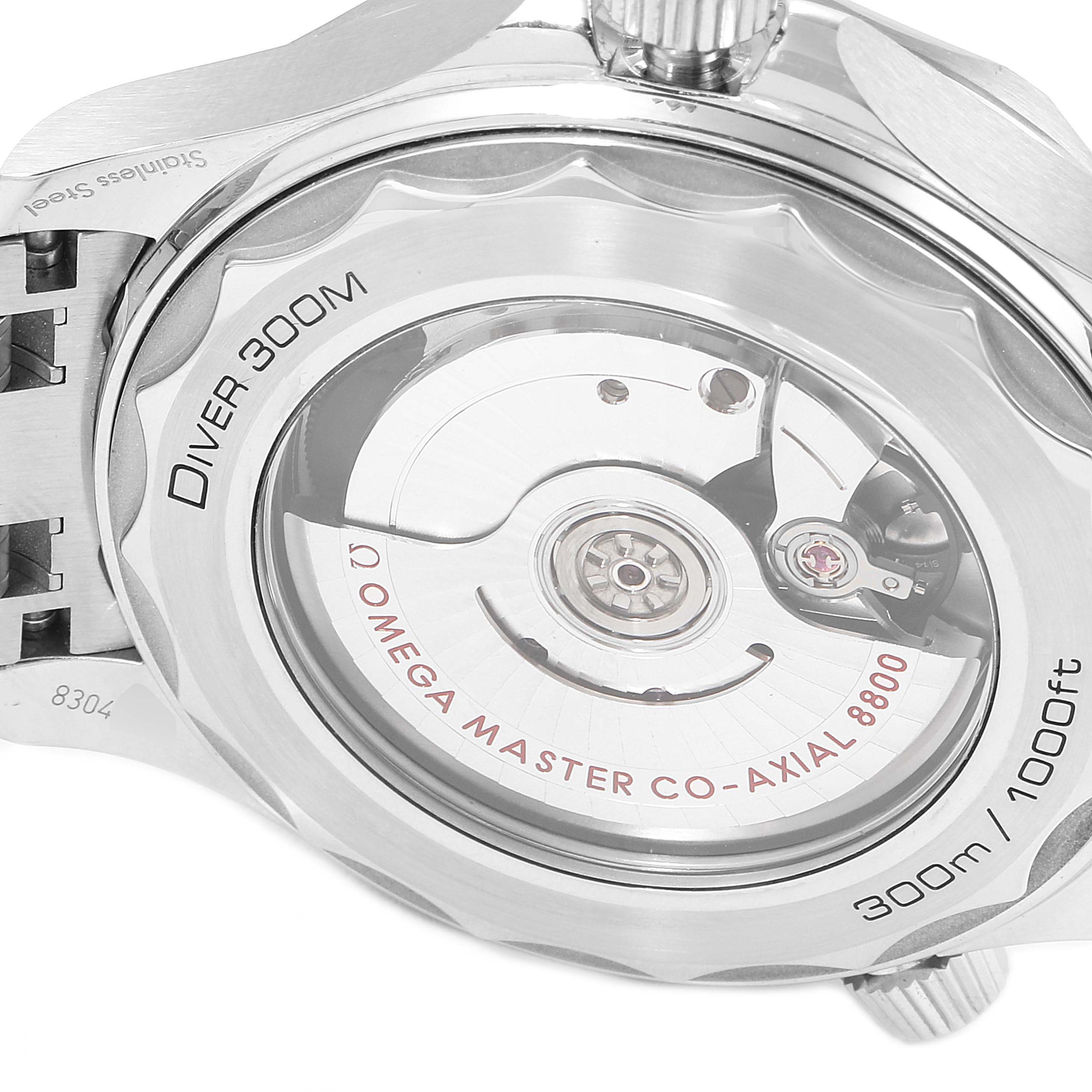 The image shows the back of the Omega Seamaster 210.30.42.20.03.001 Men's Stainless Steel Blue Dial 210.30.42.20.03.001 Men's Stainless Steel Blue Dial Diver 300M, highlighting the watch's movement and some text engravings.