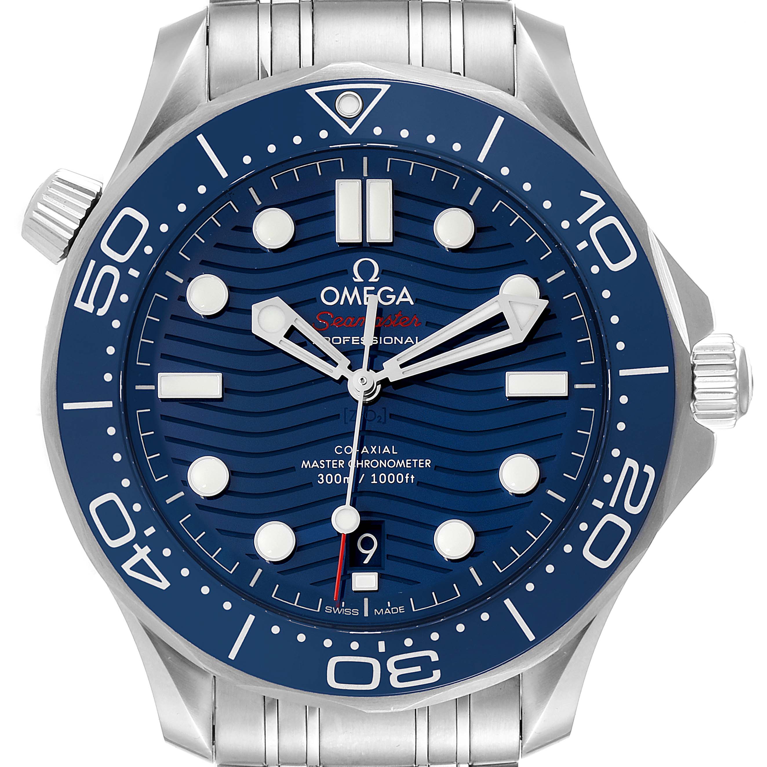 The image shows a front view of an Omega Seamaster 210.30.42.20.03.001 Men's Stainless Steel Blue Dial 210.30.42.20.03.001 Men's Stainless Steel Blue Dial watch displaying the dial, bezel, and part of the bracelet.