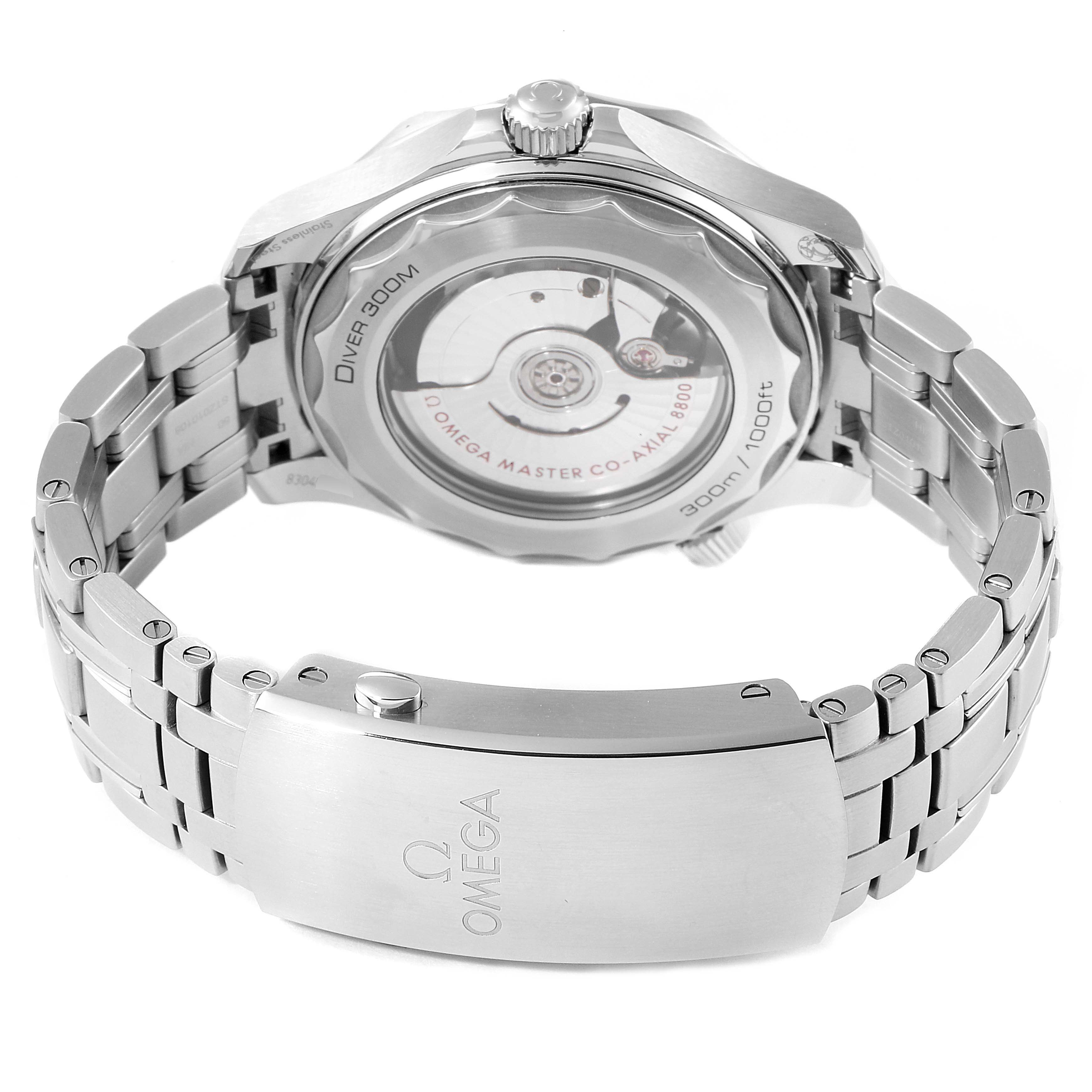 The image shows the back view of an Omega Seamaster 210.30.42.20.03.001 Men's Stainless Steel Blue Dial 210.30.42.20.03.001 Men's Stainless Steel Blue Dial watch, highlighting its clasp, bracelet, and transparent case back.