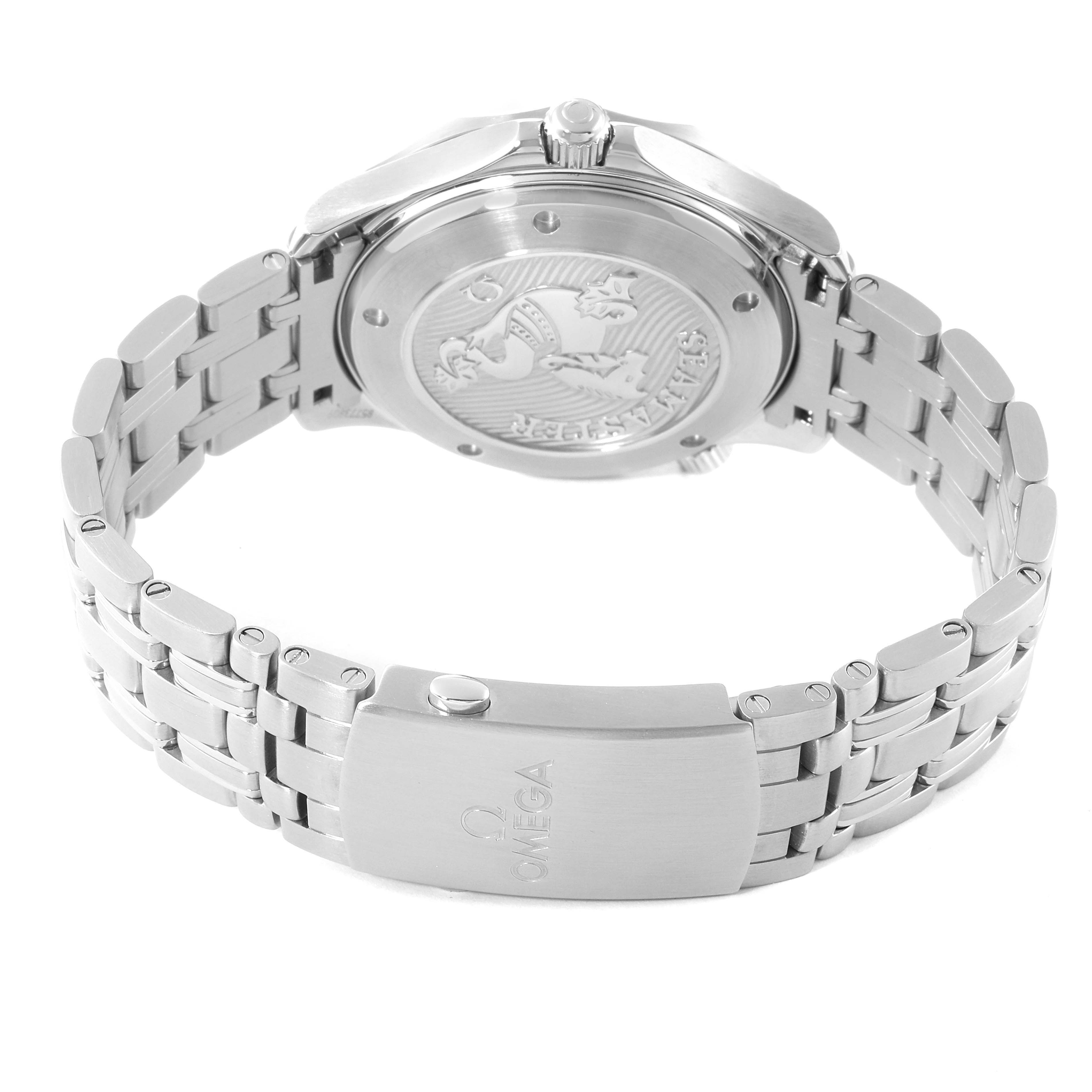 The image shows the back and strap of an Omega Seamaster 212.30.41.20.01.003 Men's Stainless Steel Black Dial 212.30.41.20.01.003 Men's Stainless Steel Black Dial watch, highlighting its engraved case back and clasp.