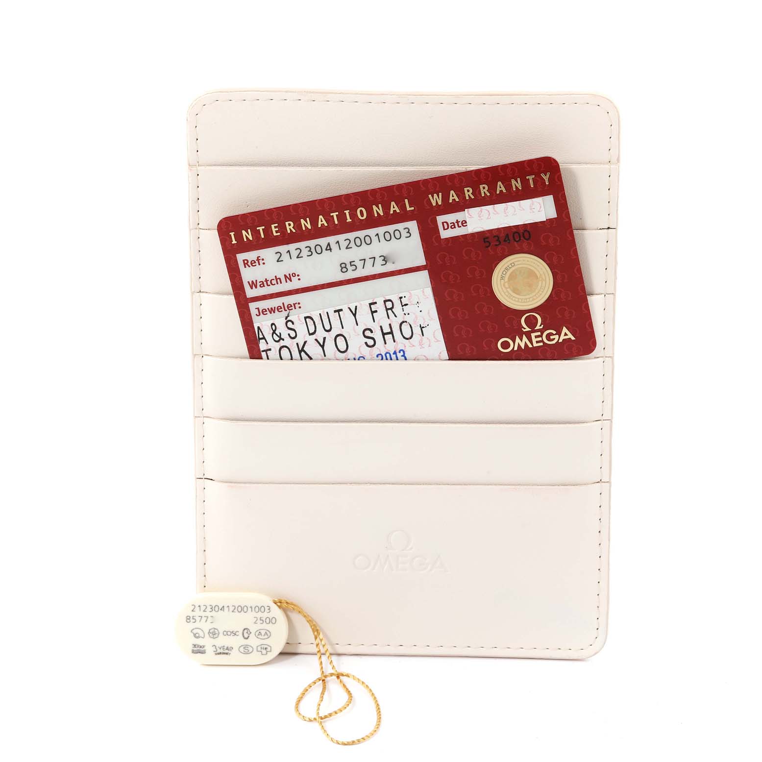 The image shows the international warranty card and tag for an Omega Seamaster 212.30.41.20.01.003 Men's Stainless Steel Black Dial 212.30.41.20.01.003 Men's Stainless Steel Black Dial, placed in a white cardholder.