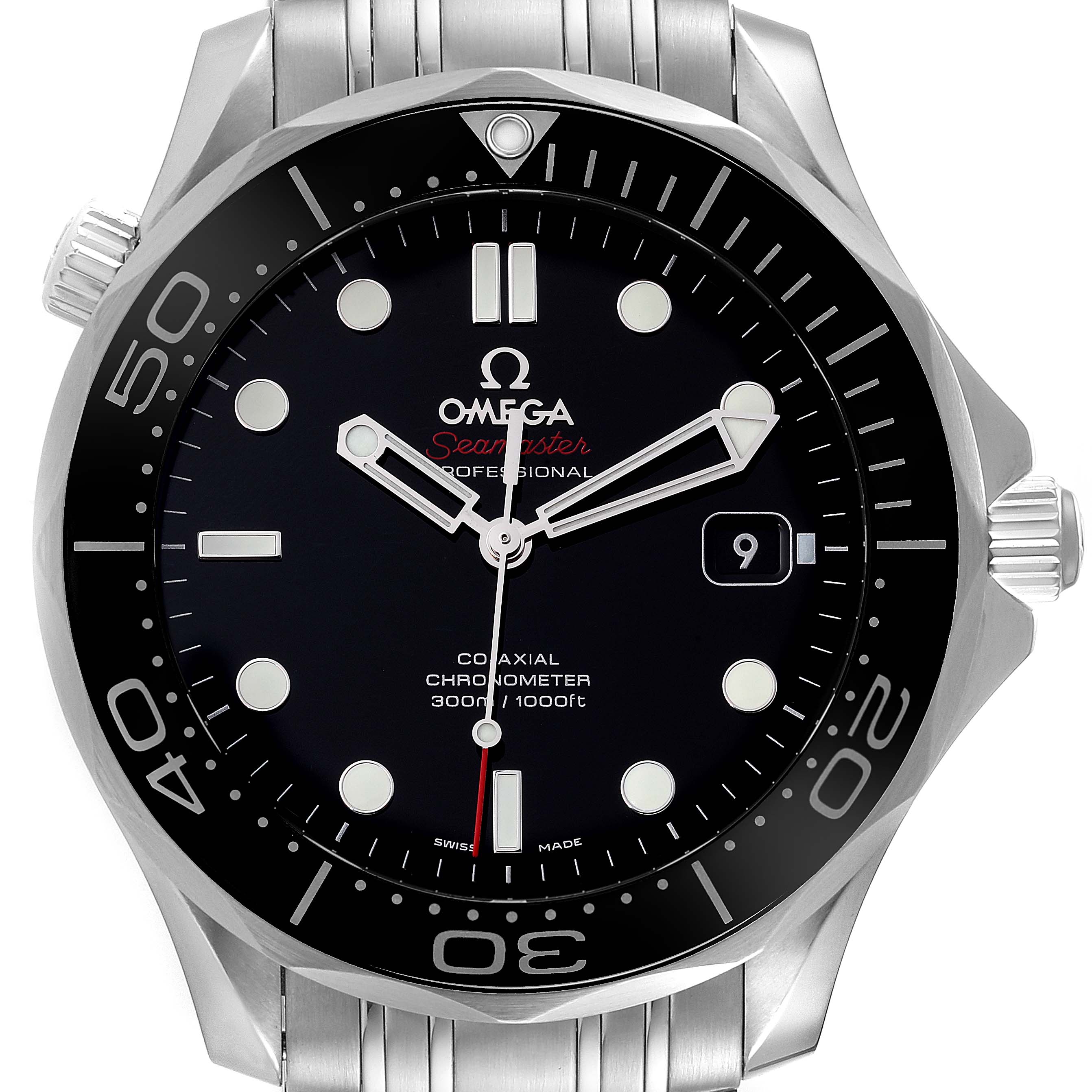 The Omega Seamaster 212.30.41.20.01.003 Men's Stainless Steel Black Dial 212.30.41.20.01.003 Men's Stainless Steel Black Dial watch is shown from the front, displaying its dial, bezel, hands, date window, and part of the bracelet.