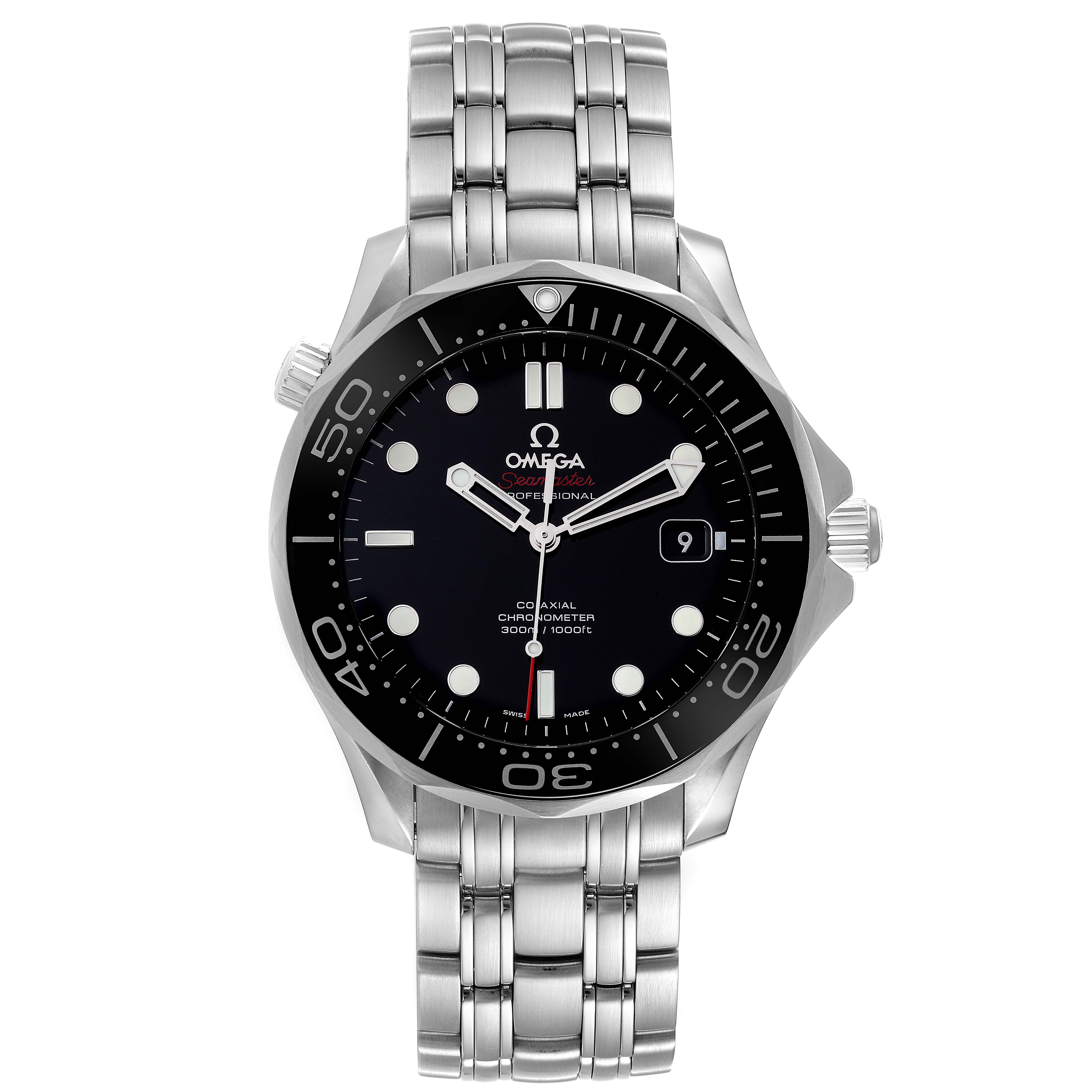 This image shows a front view of the Omega Seamaster 212.30.41.20.01.003 Men's Stainless Steel Black Dial 212.30.41.20.01.003 Men's Stainless Steel Black Dial watch, displaying the dial, bezel, and the metal bracelet.